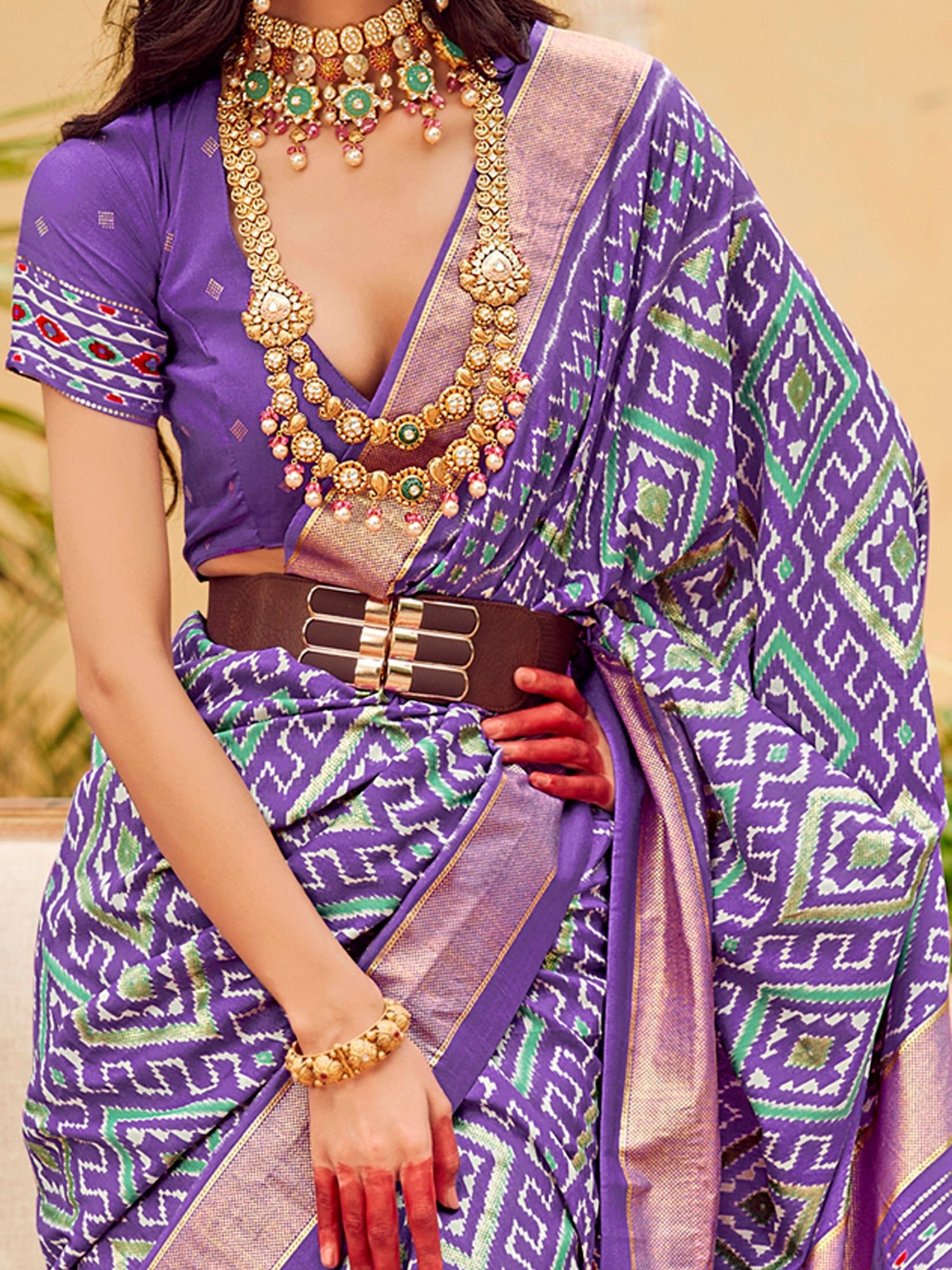 Purple Multicolored Patola Woven Silk Blend Geometric Design Blouse Saree - Ressa