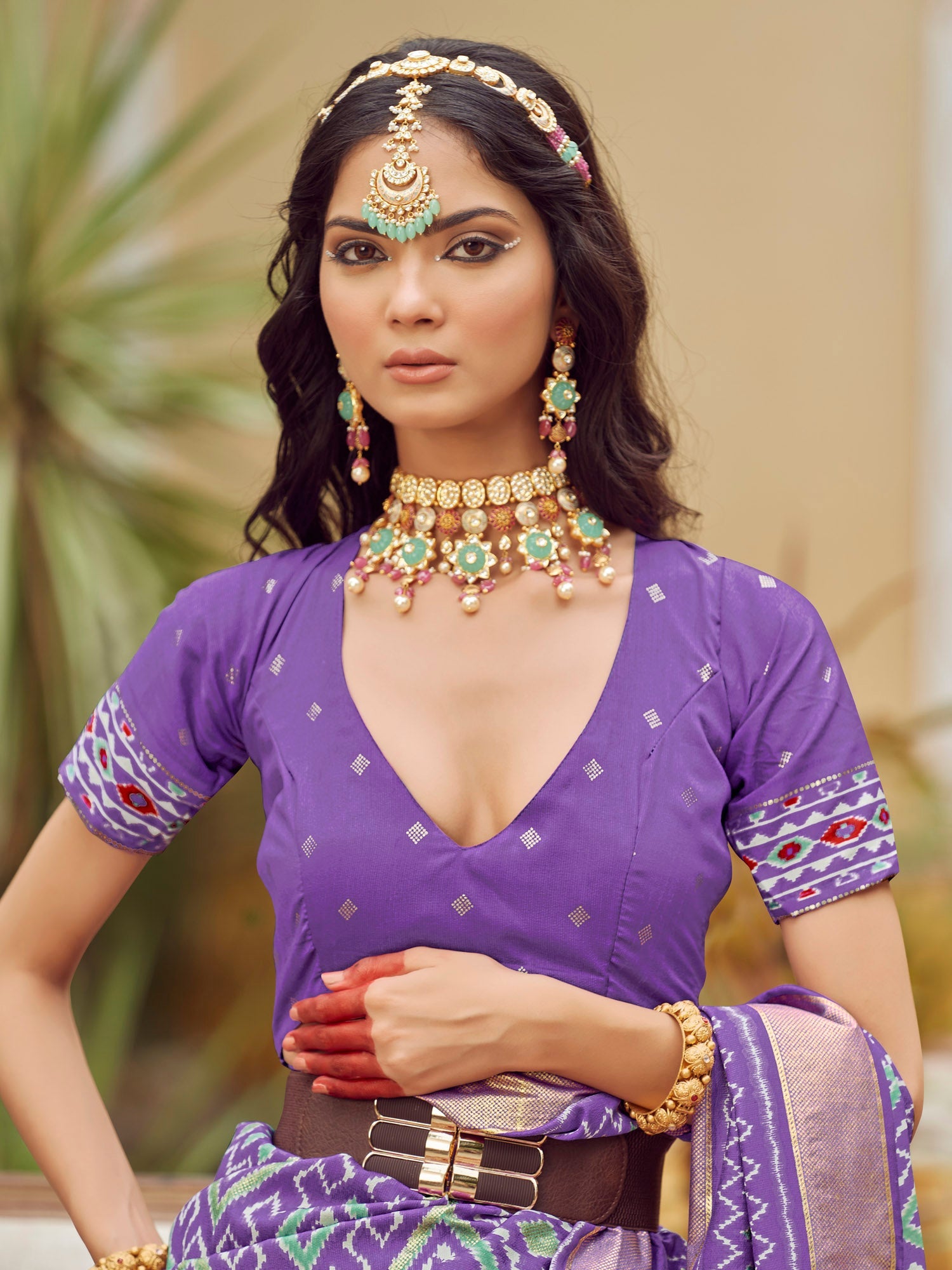 Purple Multicolored Patola Woven Silk Blend Geometric Design Blouse Saree - Ressa