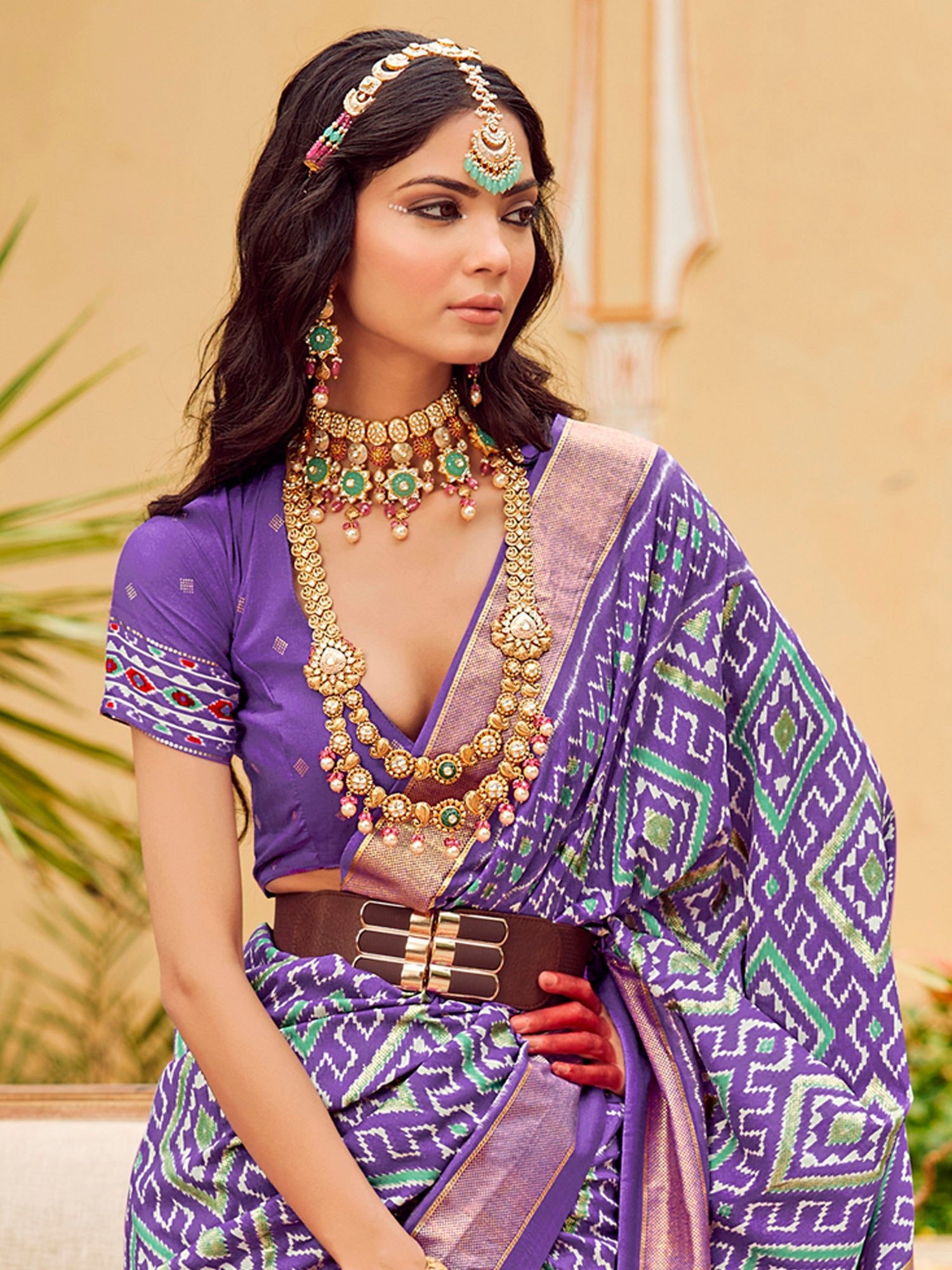Purple Multicolored Patola Woven Silk Blend Geometric Design Blouse Saree - Ressa
