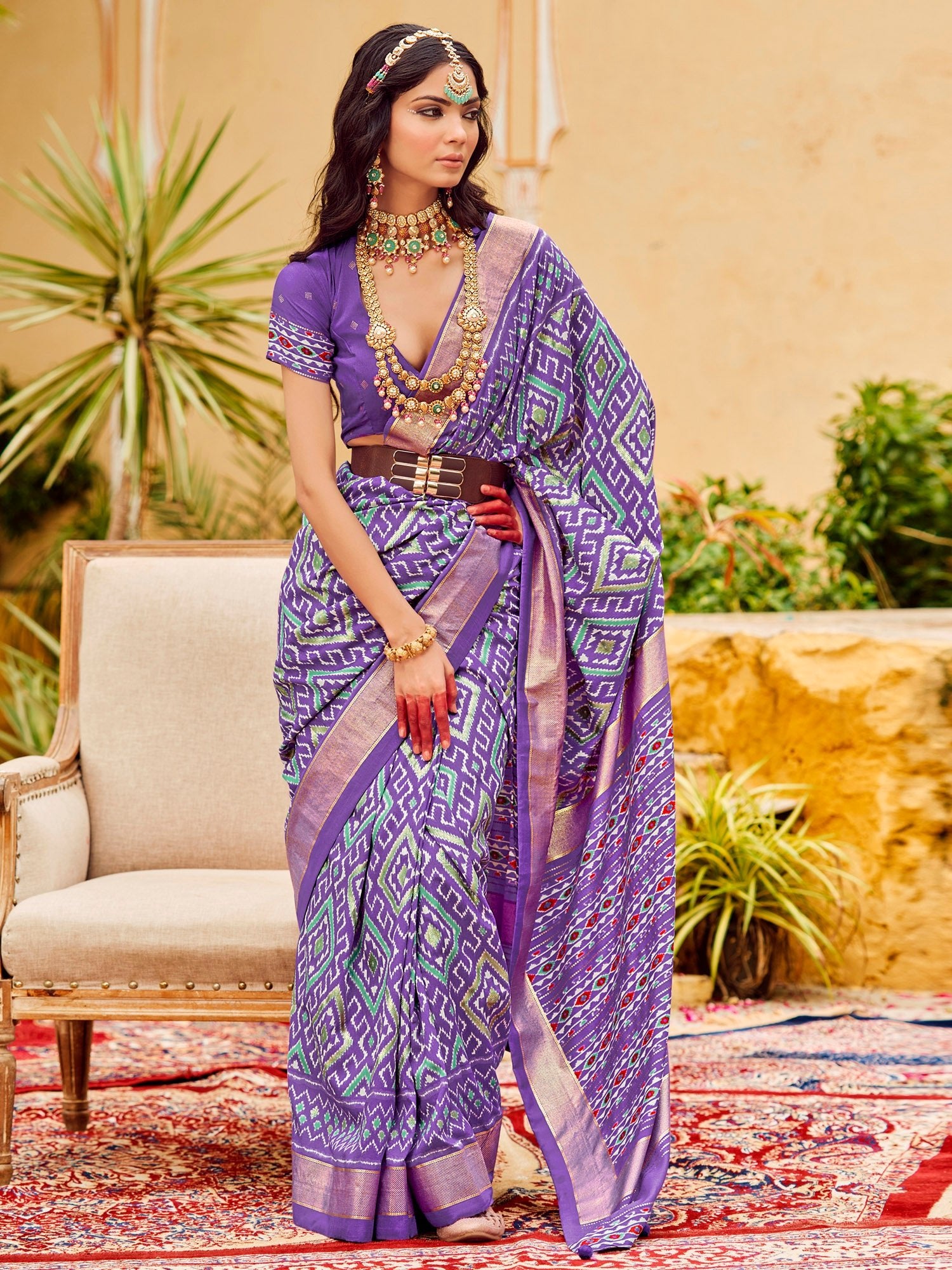 Purple Multicolored Patola Woven Silk Blend Geometric Design Blouse Saree - Ressa