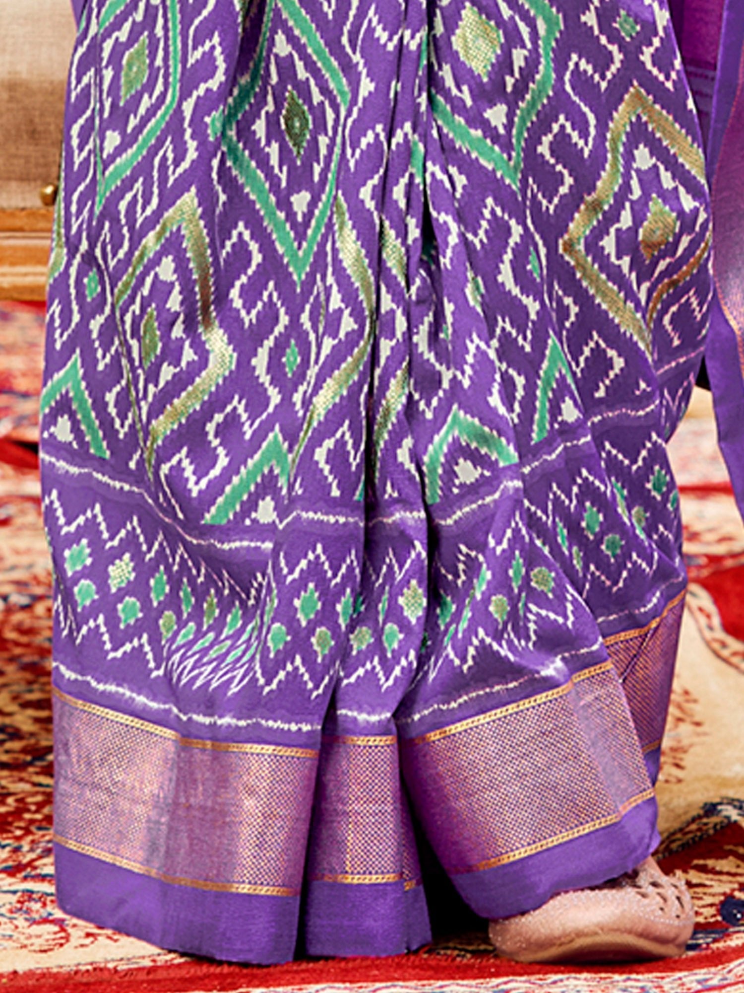 Purple Multicolored Patola Woven Silk Blend Geometric Design Blouse Saree - Ressa
