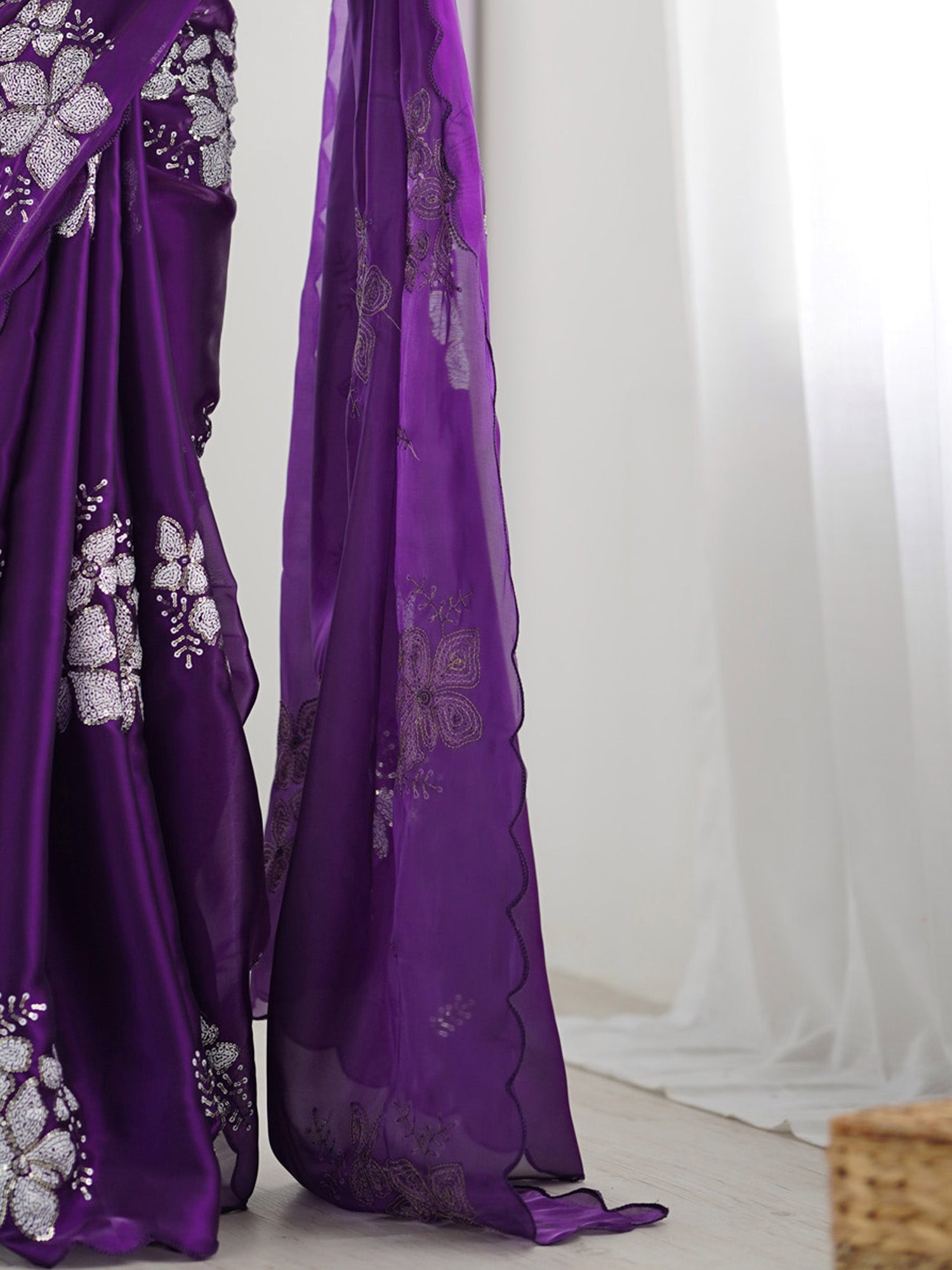 Purple Organza Saree with Floral Sequin Embroidery - Ressa