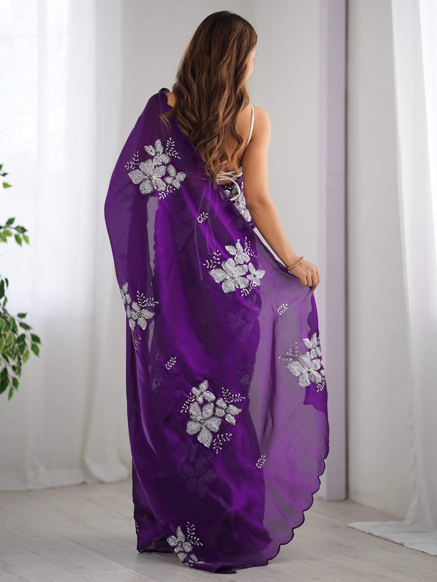 Purple Organza Saree with Floral Sequin Embroidery - Ressa