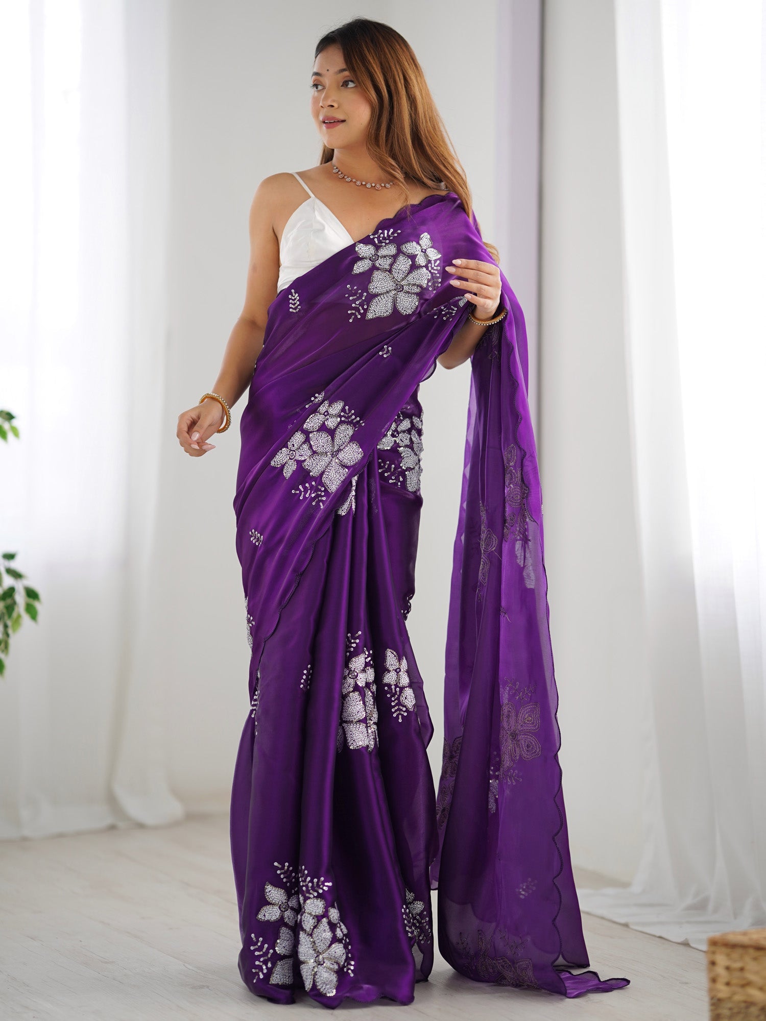 Purple Organza Saree with Floral Sequin Embroidery - Ressa