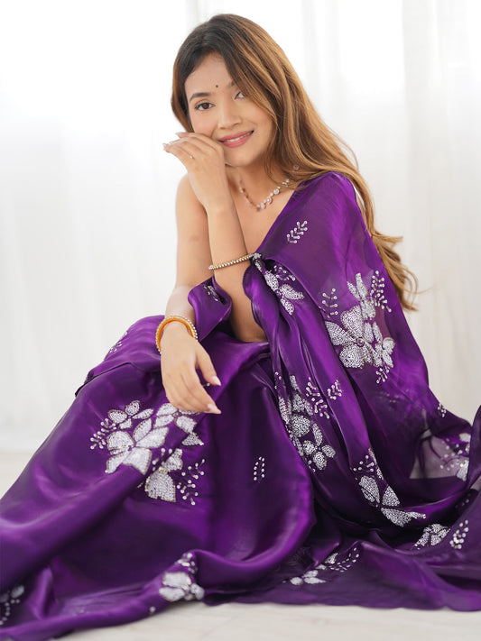 Purple Organza Saree with Floral Sequin Embroidery - Ressa