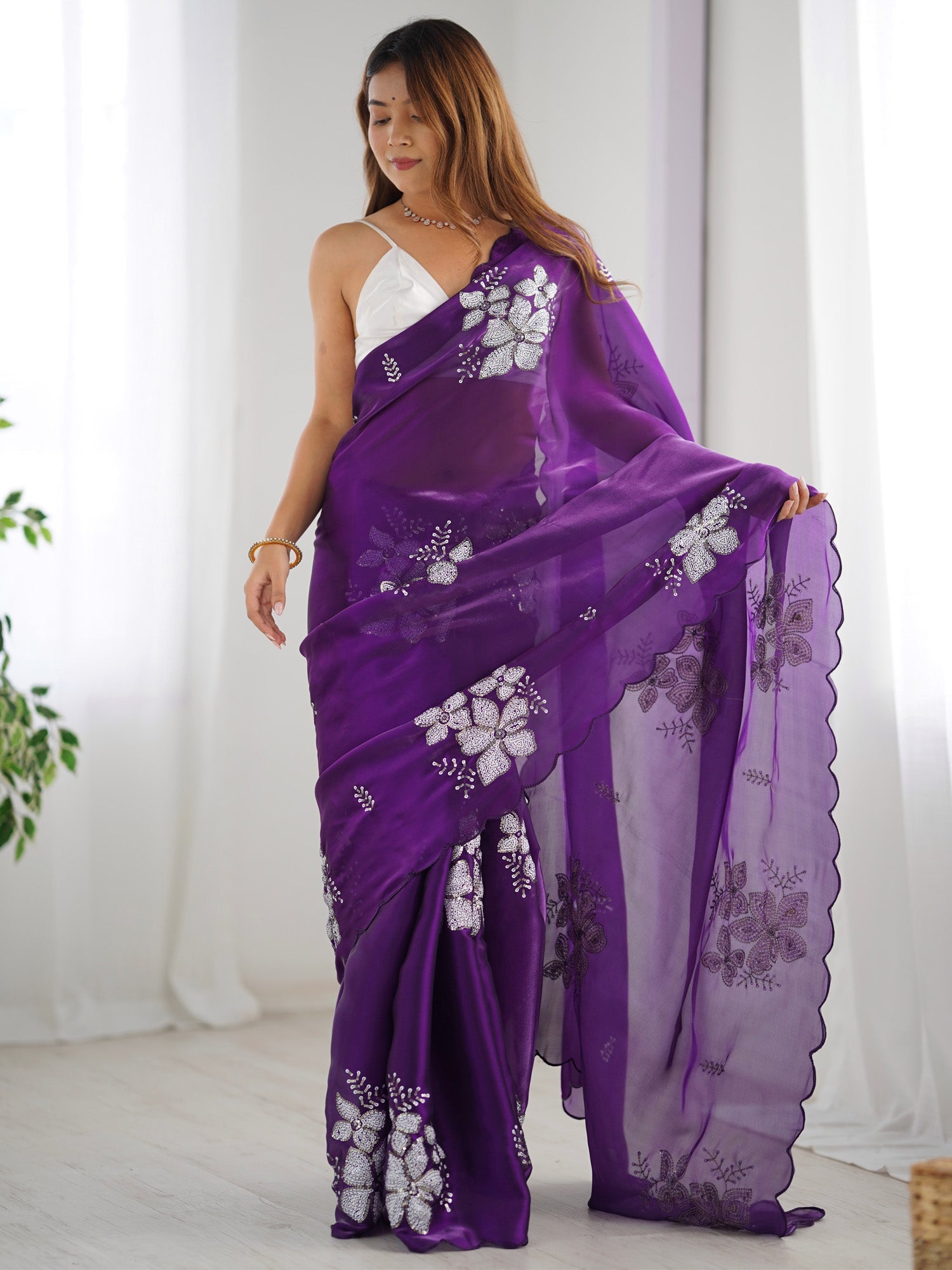 Purple Organza Saree with Floral Sequin Embroidery - Ressa