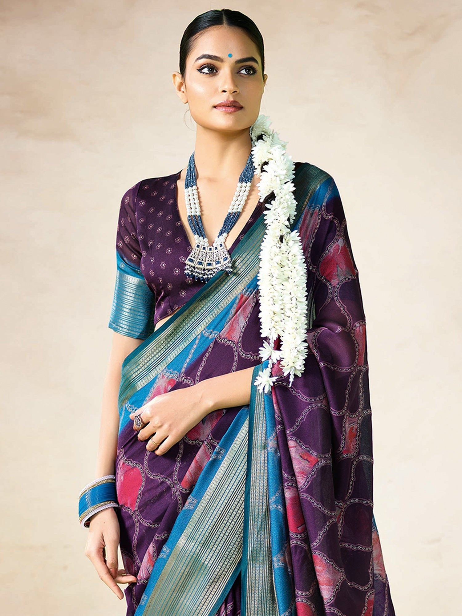 Purple Organza Silk Saree with Teal Zari Border | - Ressa