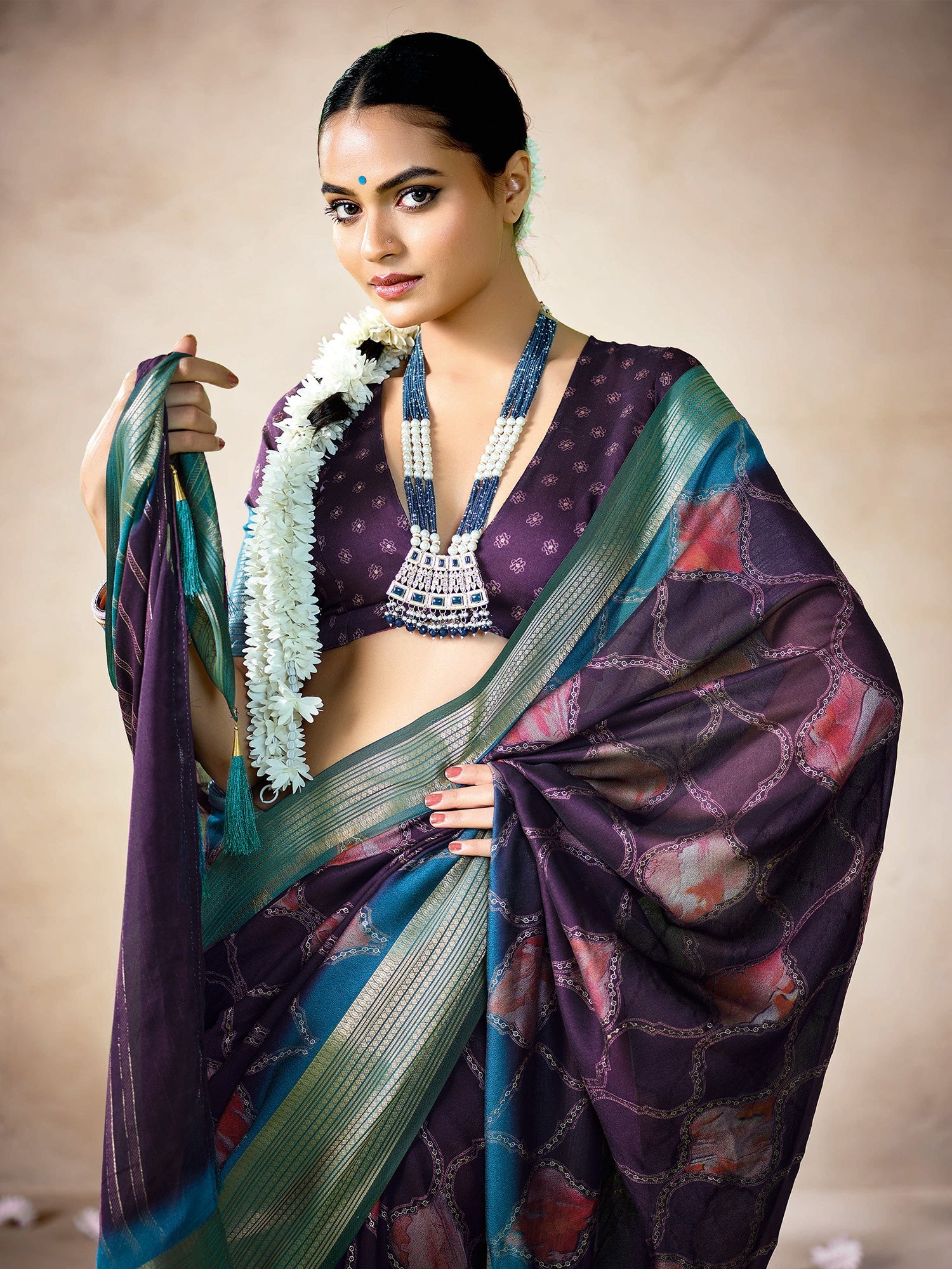 Purple Organza Silk Saree with Teal Zari Border | - Ressa