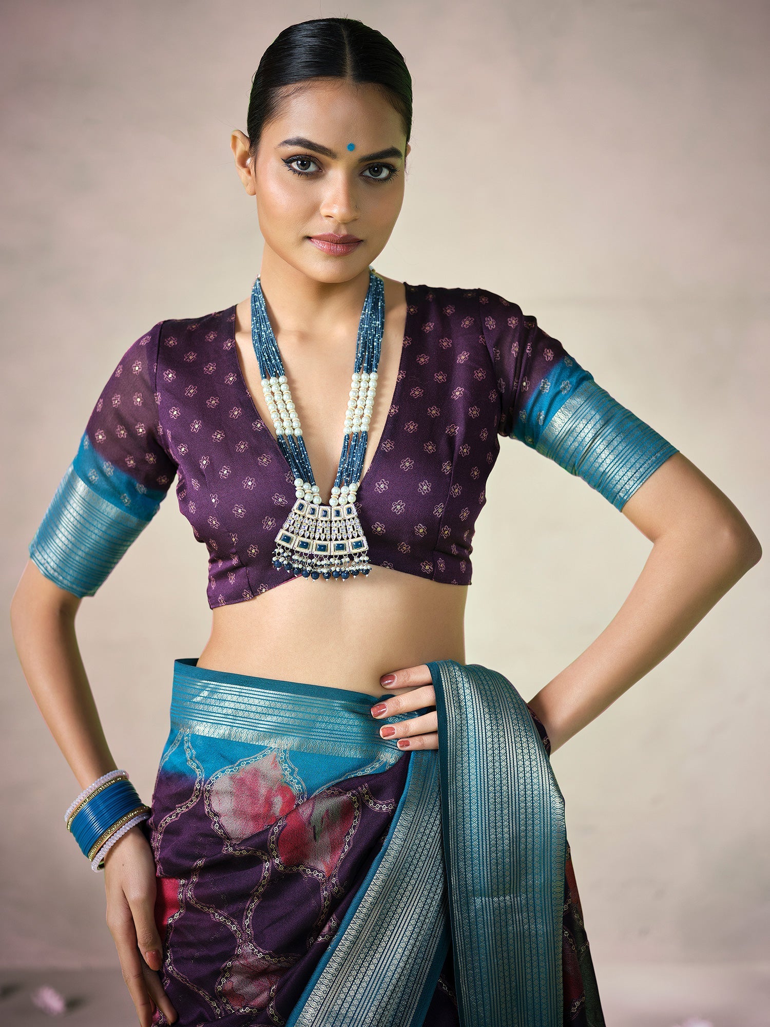 Purple Organza Silk Saree with Teal Zari Border | - Ressa