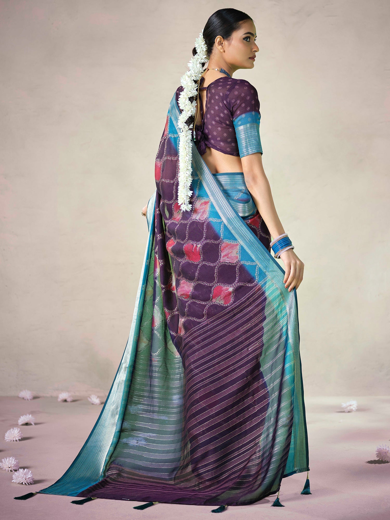 Purple Organza Silk Saree with Teal Zari Border | - Ressa