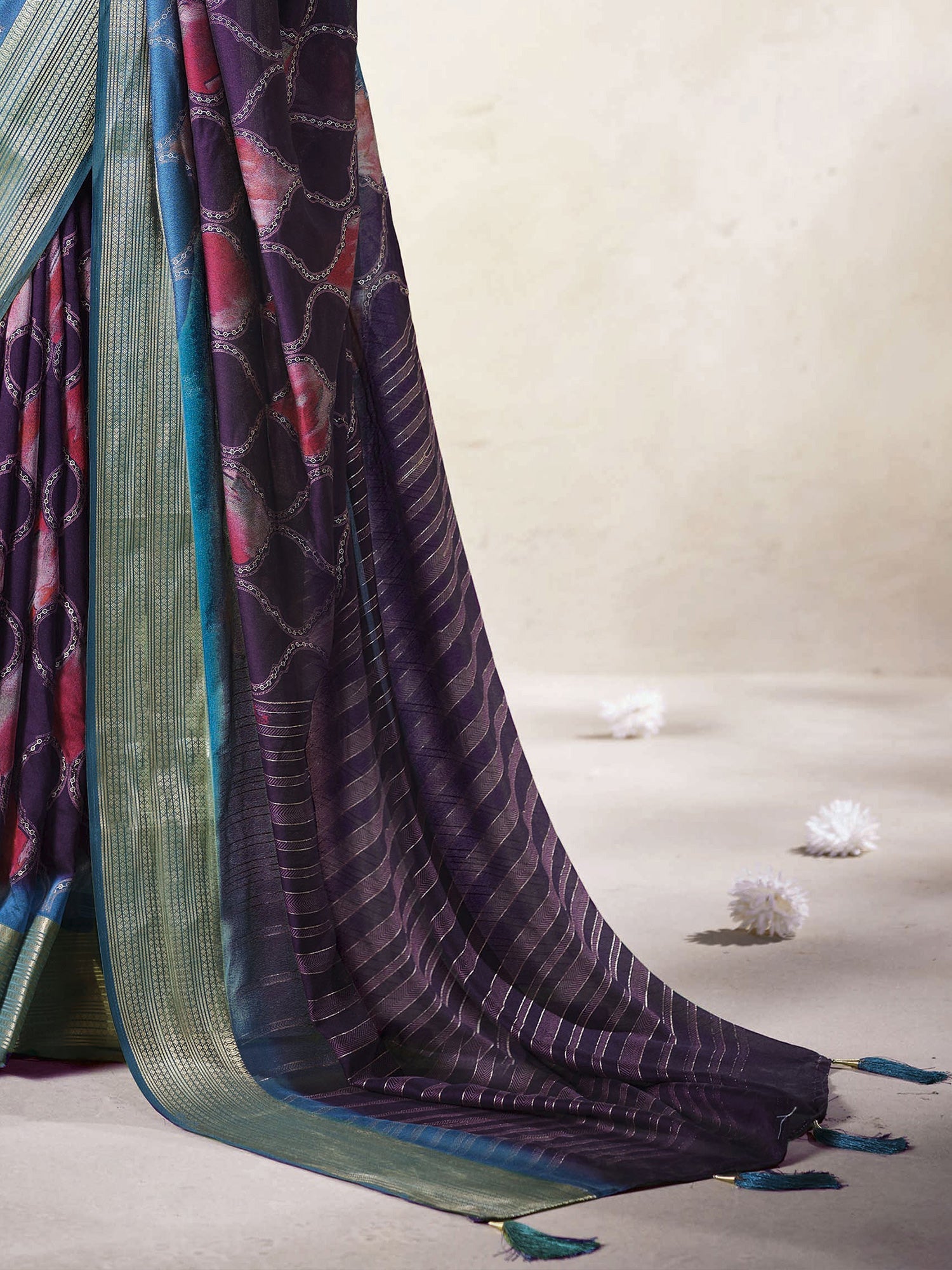 Purple Organza Silk Saree with Teal Zari Border | - Ressa