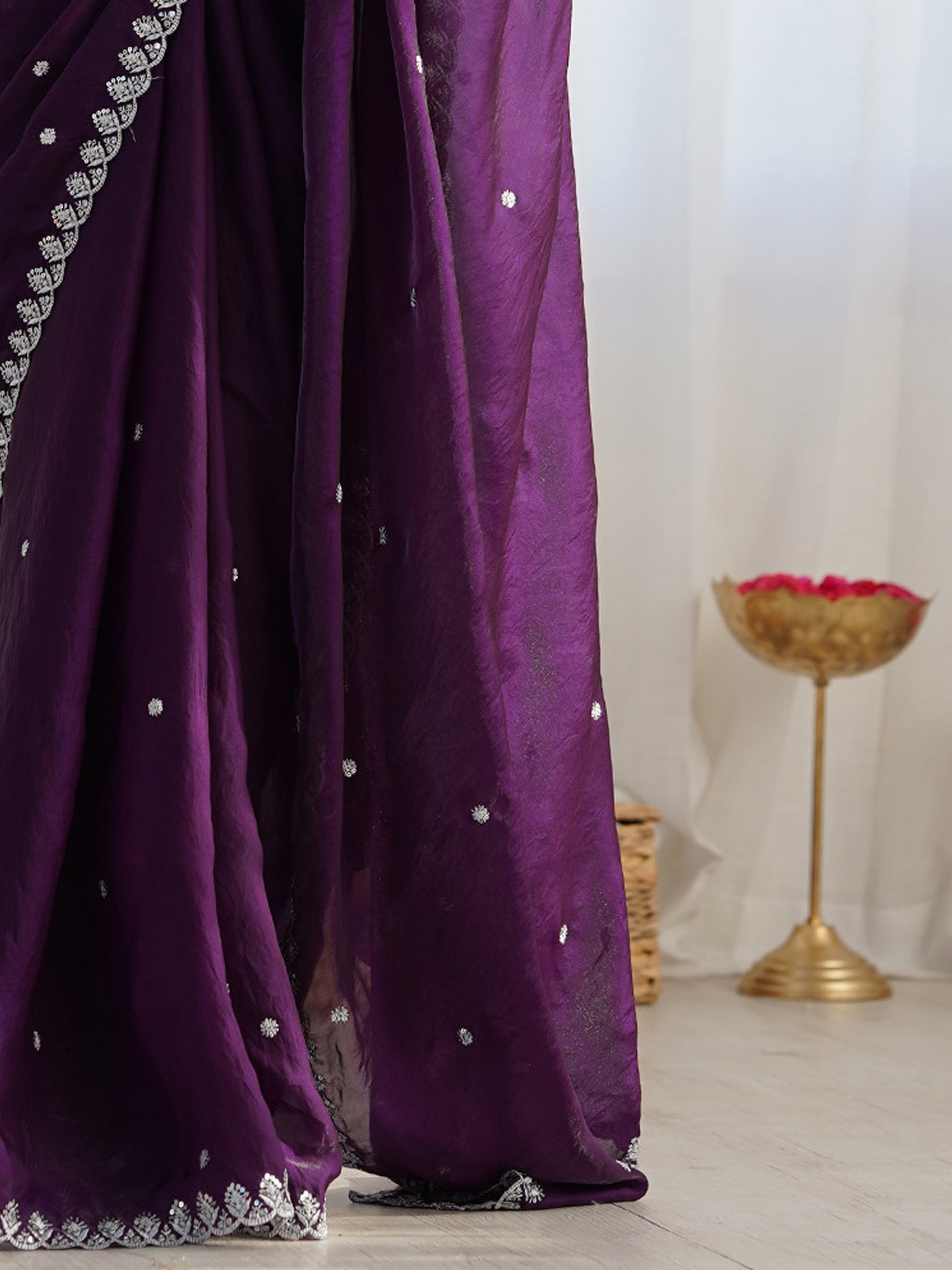 Purple Paper Silk Saree with Silver Embroidery - Ressa
