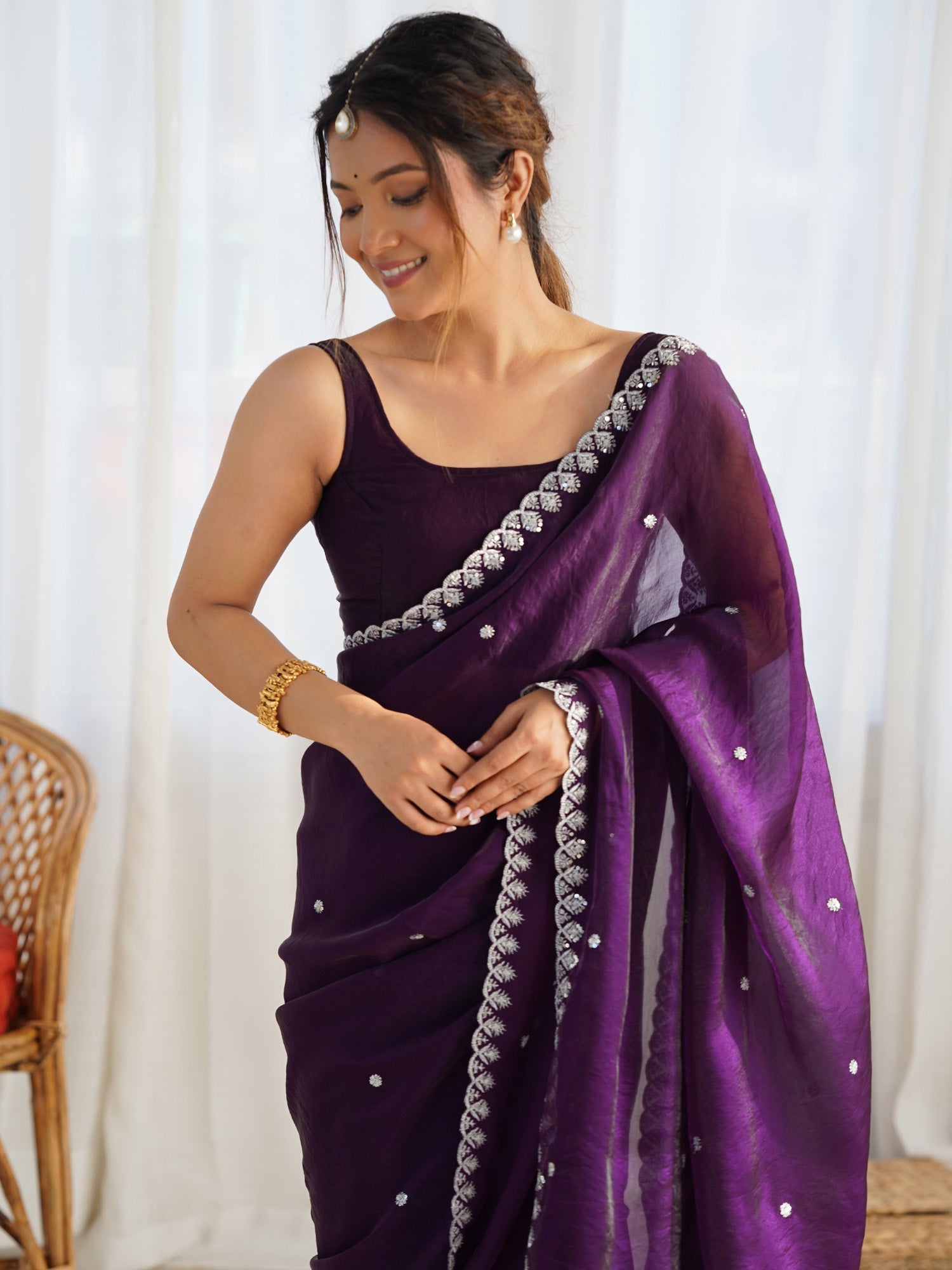 Purple Paper Silk Saree with Silver Embroidery - Ressa