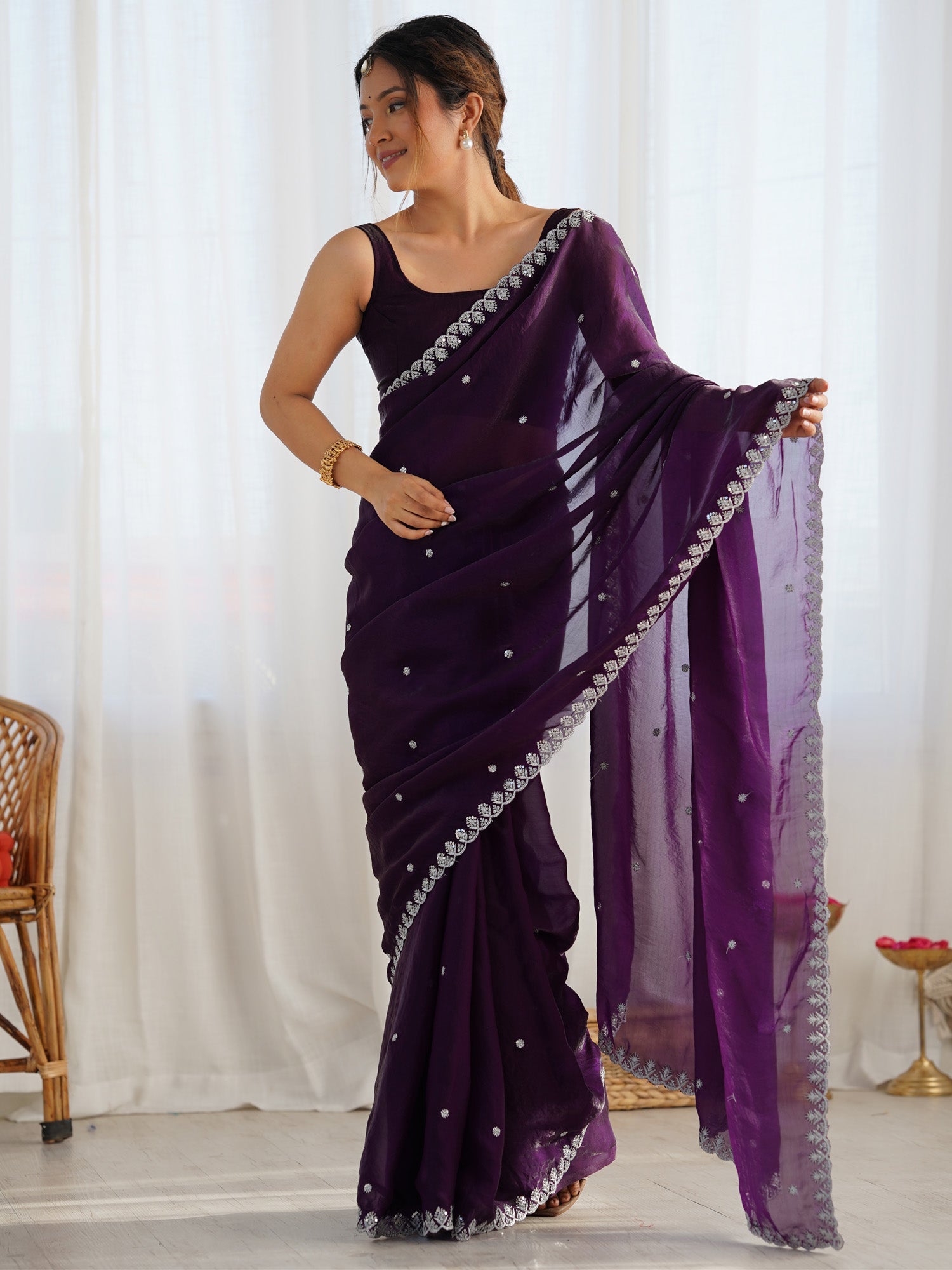 Purple Paper Silk Saree with Silver Embroidery - Ressa