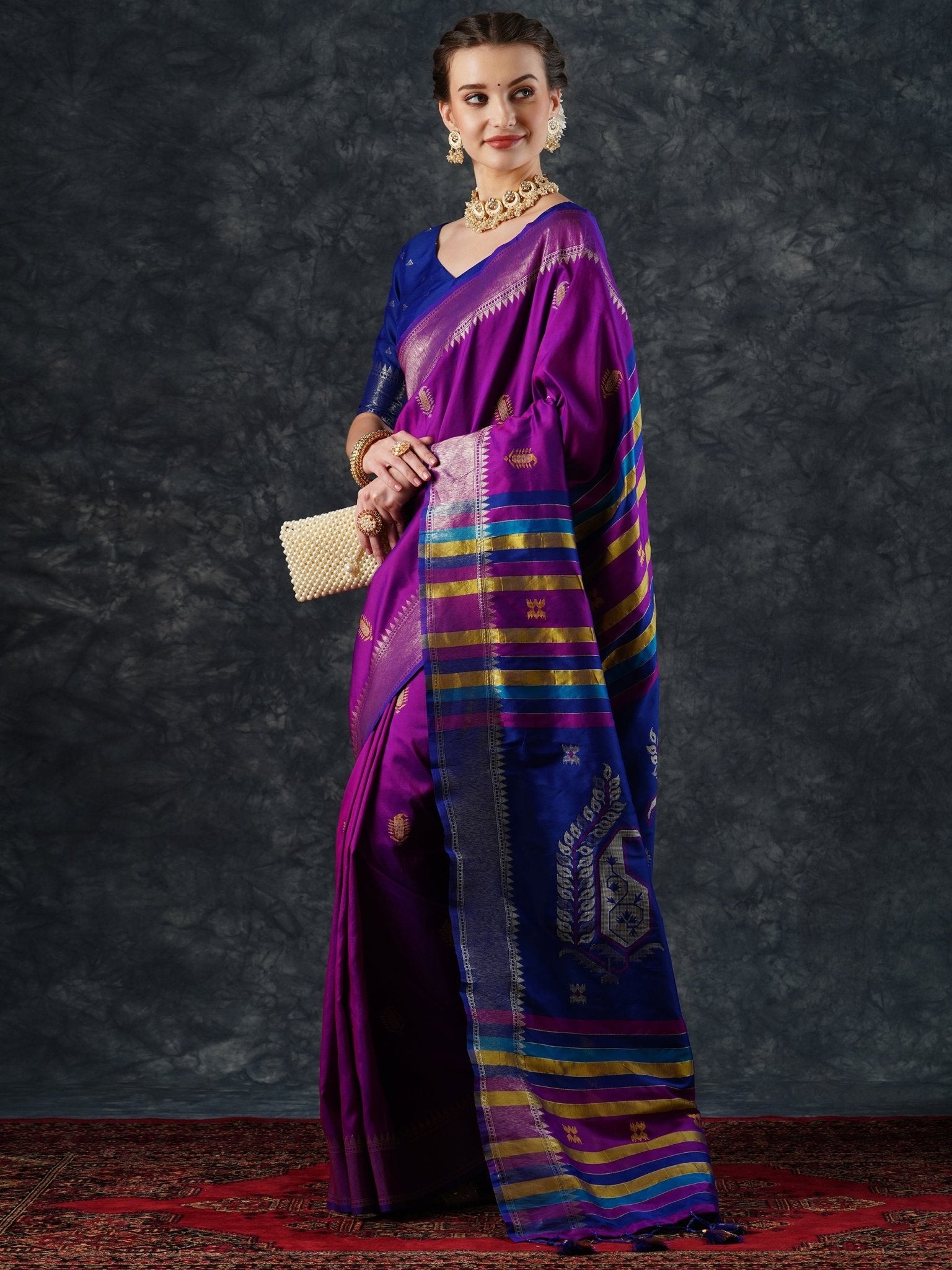 Purple Patola Silk Saree with Blue Zari Border - Ressa
