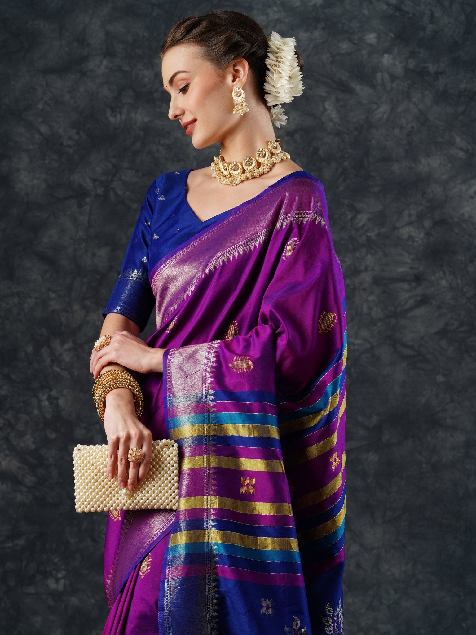 Purple Patola Silk Saree with Blue Zari Border - Ressa