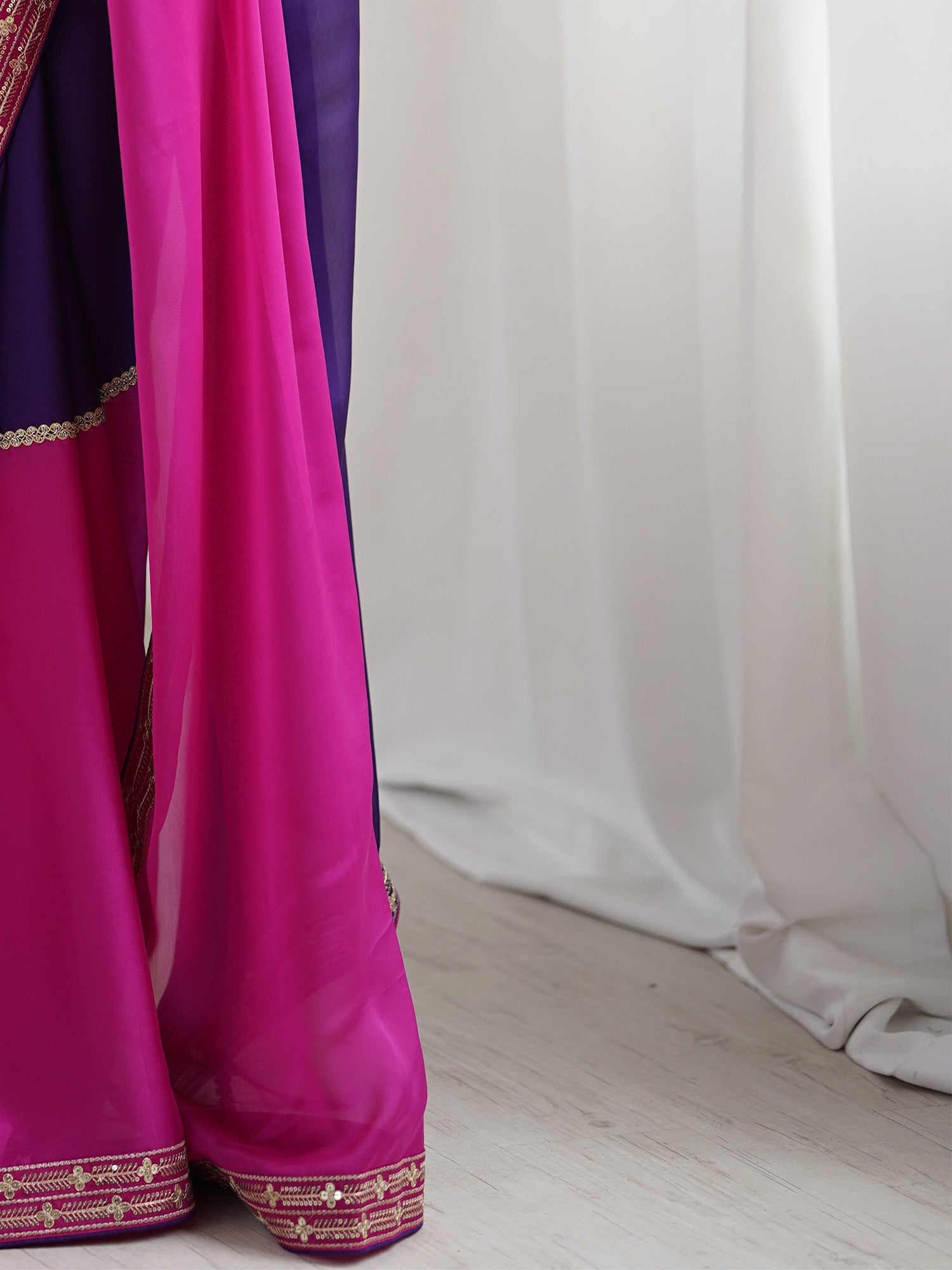Purple & Pink Georgette Saree with Embroidered Blouse - Ressa