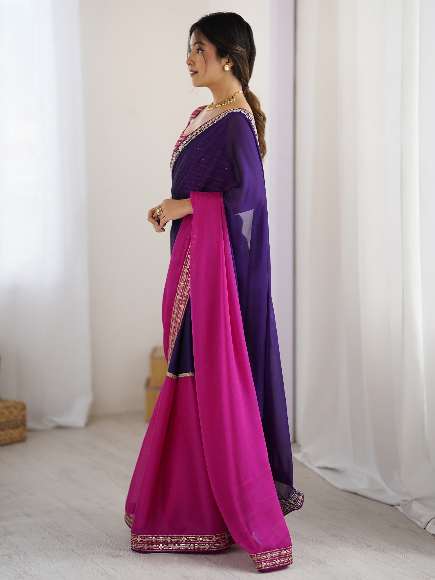 Purple & Pink Georgette Saree with Embroidered Blouse - Ressa
