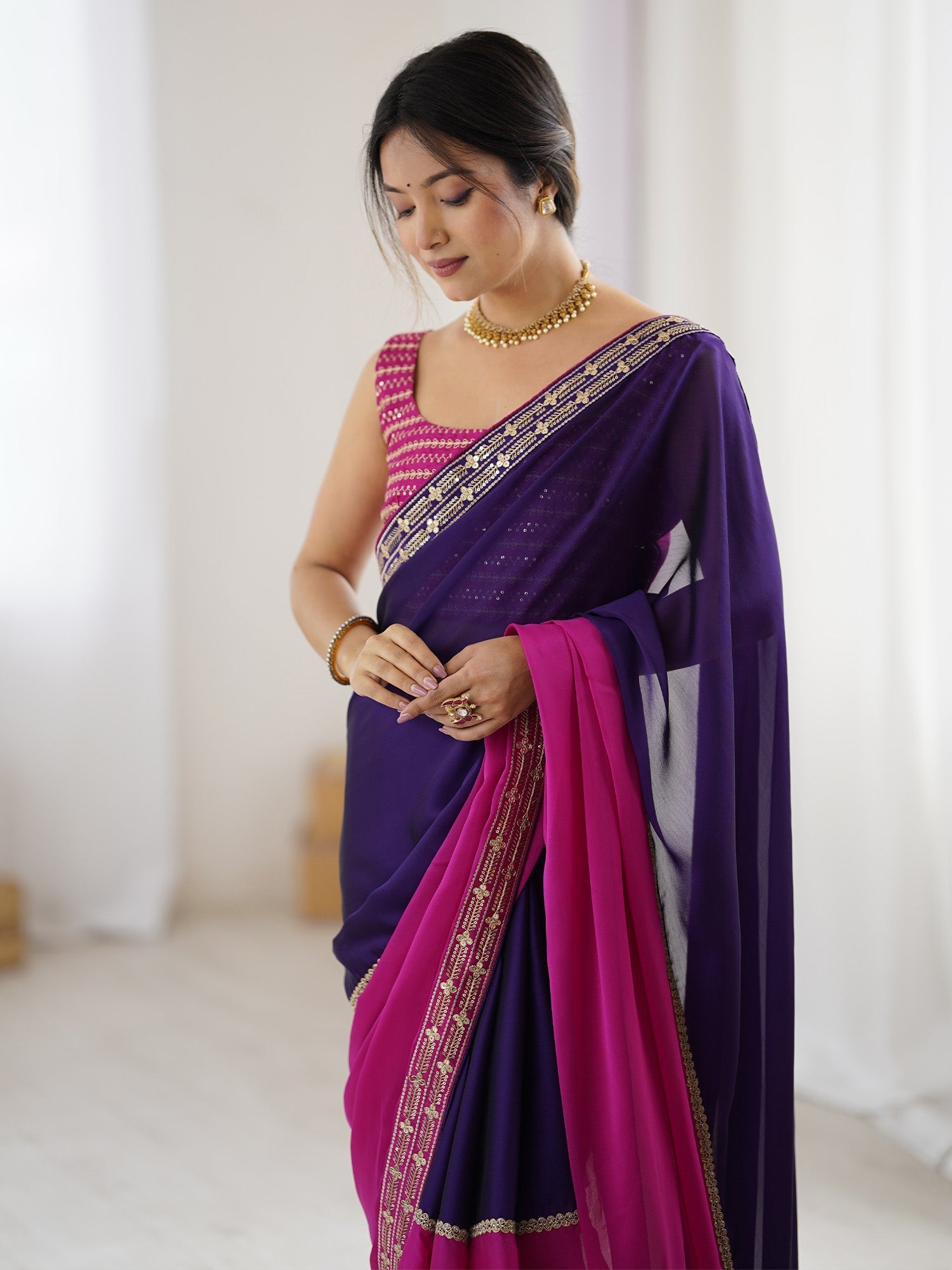 Purple & Pink Georgette Saree with Embroidered Blouse - Ressa
