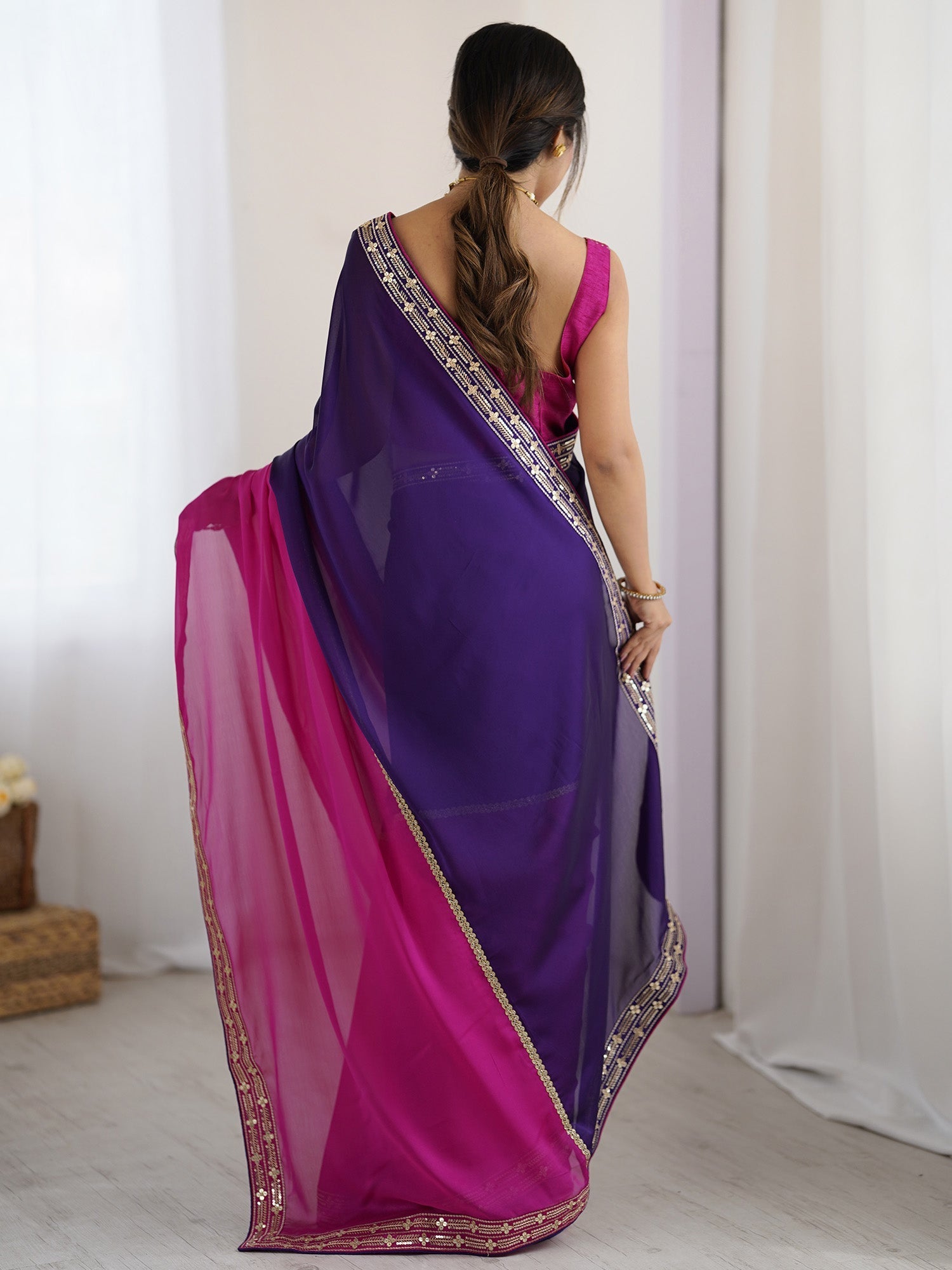 Purple & Pink Georgette Saree with Embroidered Blouse - Ressa