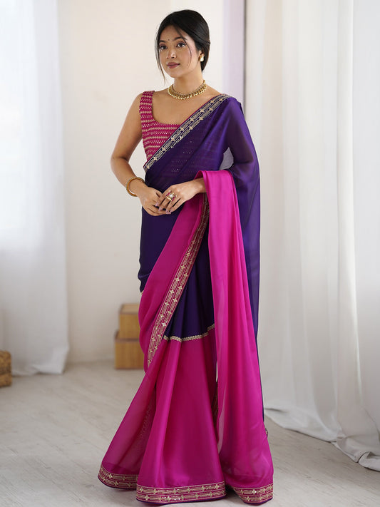 Purple & Pink Georgette Saree with Embroidered Blouse - Ressa
