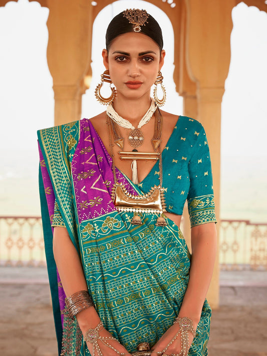Purple & Rama Green Patola Silk Woven Traditional Motifs Blouse - Ressa