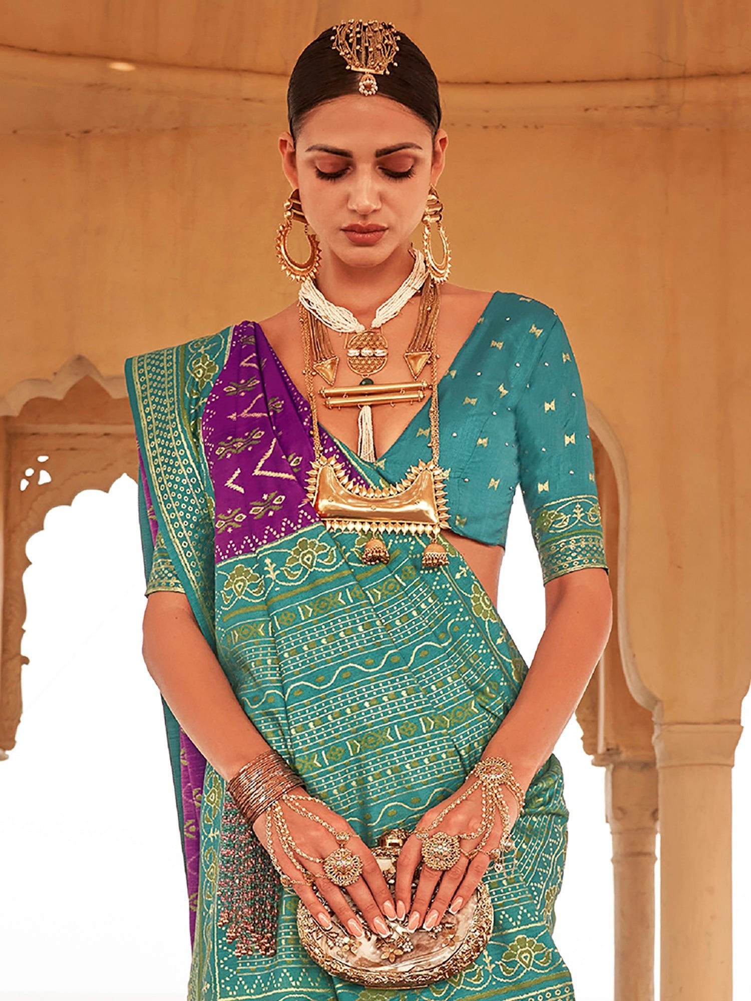 Purple & Rama Green Patola Silk Woven Traditional Motifs Blouse - Ressa