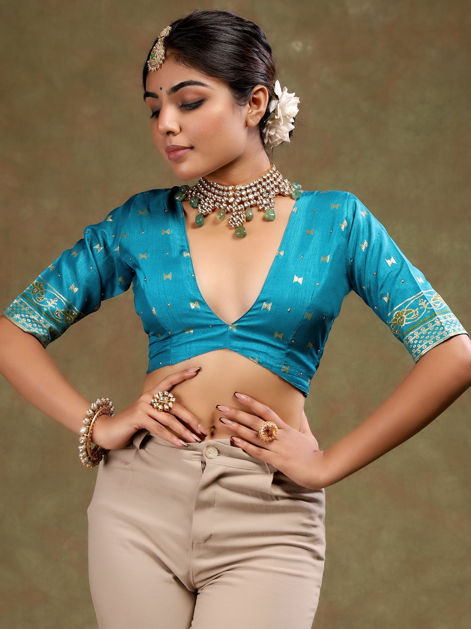 Purple & Rama Green Patola Silk Woven Traditional Motifs Blouse - Ressa