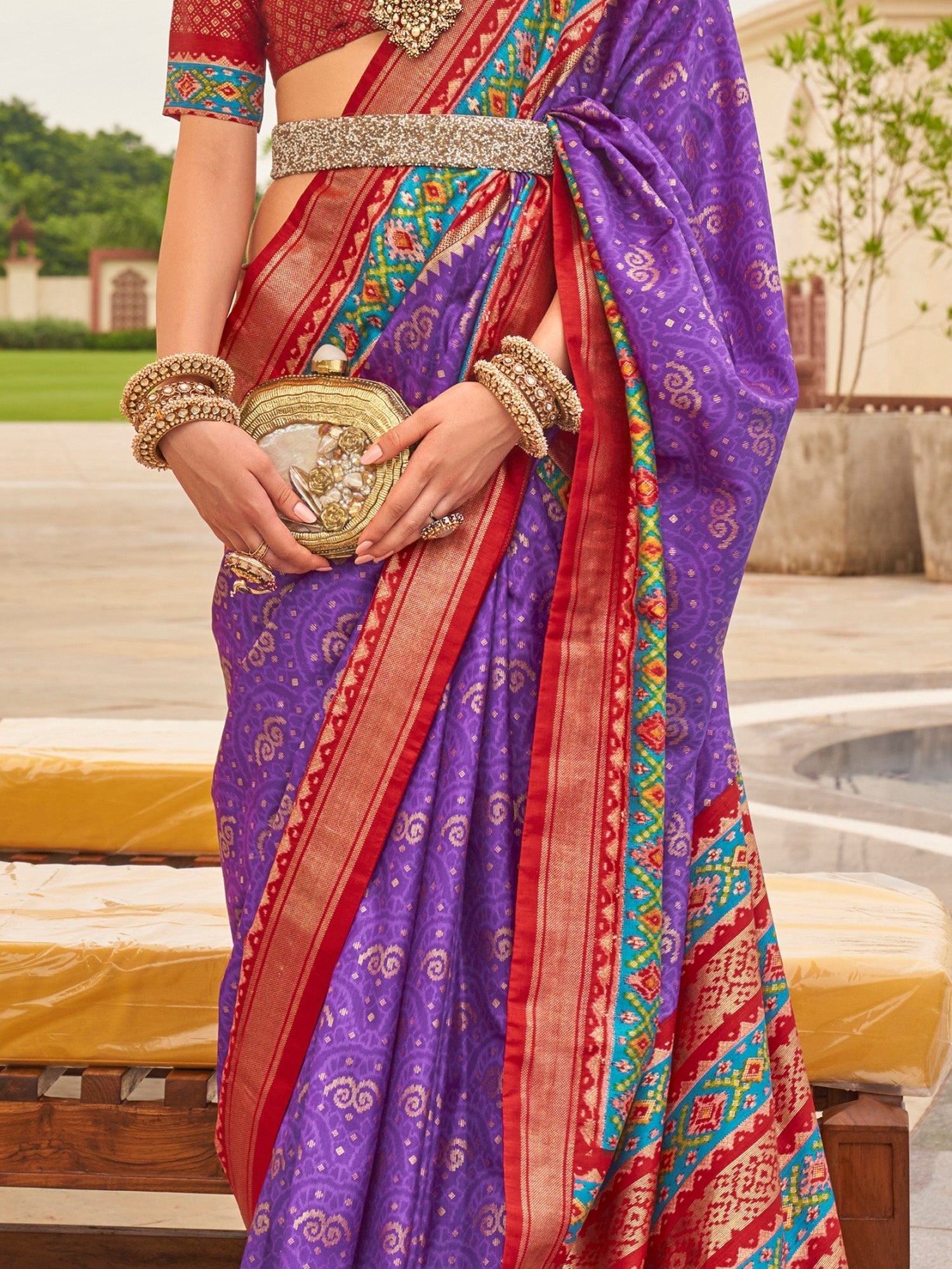 Purple & Red Patola Silk Blend Saree - Ressa