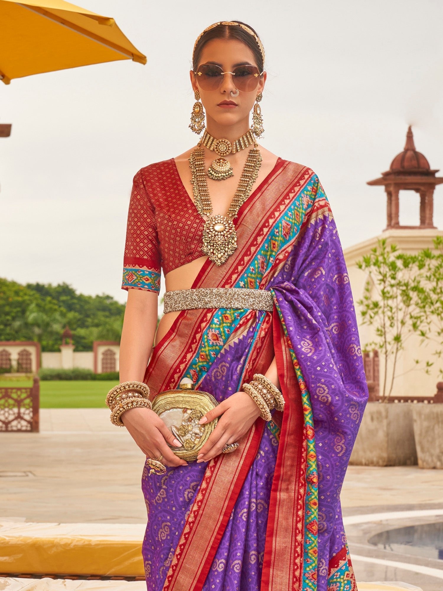 Purple & Red Patola Silk Blend Saree - Ressa