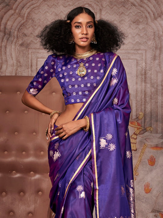 Purple : Satin Silk : Banarasi Woven : Pichwai Motifs : Gold Zari : Blouse Saree - Ressa