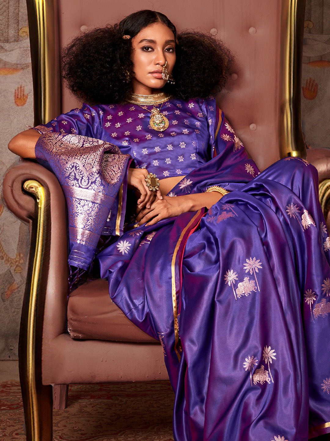 Purple : Satin Silk : Banarasi Woven : Pichwai Motifs : Gold Zari : Blouse Saree - Ressa