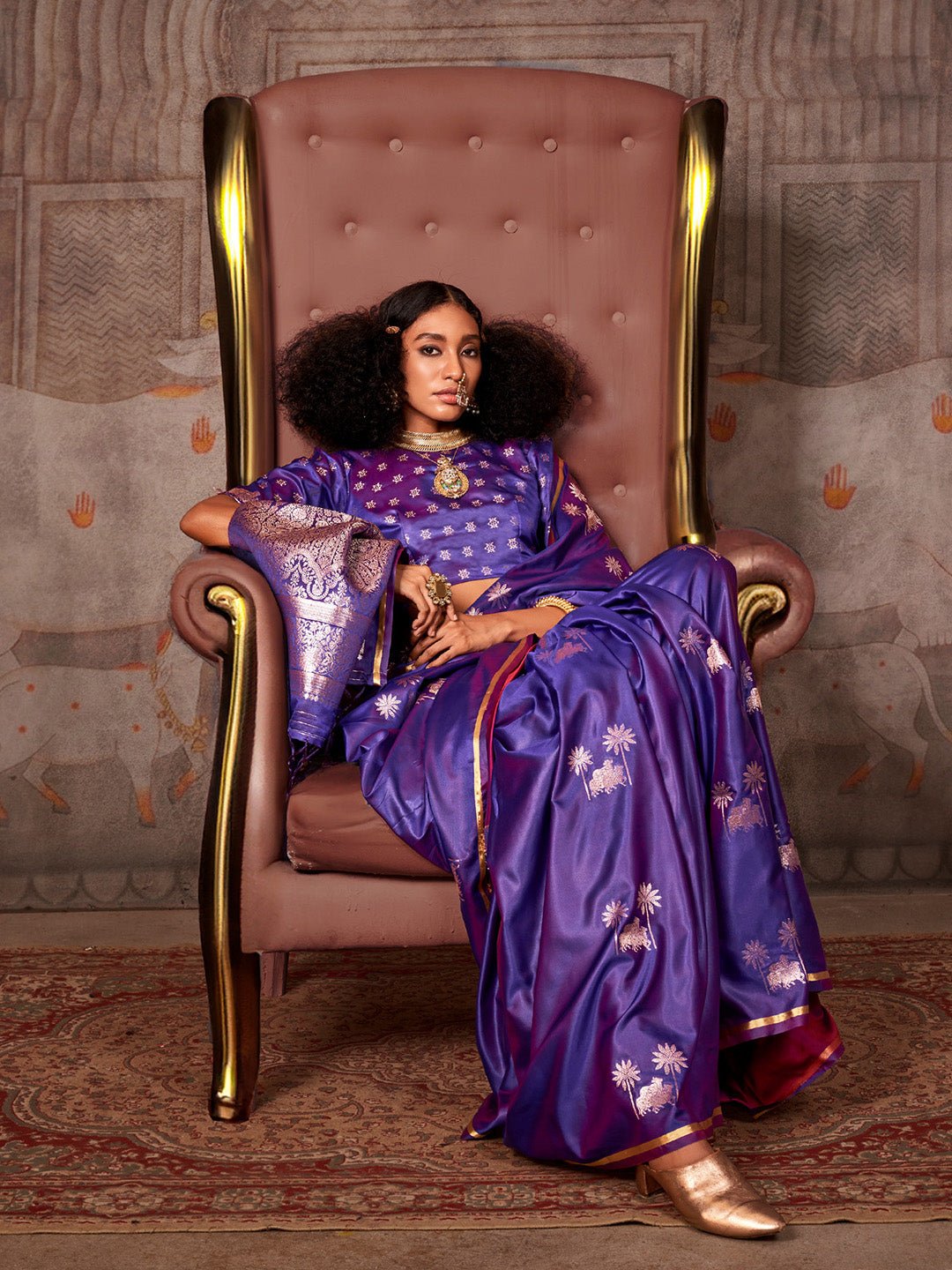 Purple : Satin Silk : Banarasi Woven : Pichwai Motifs : Gold Zari : Blouse Saree - Ressa