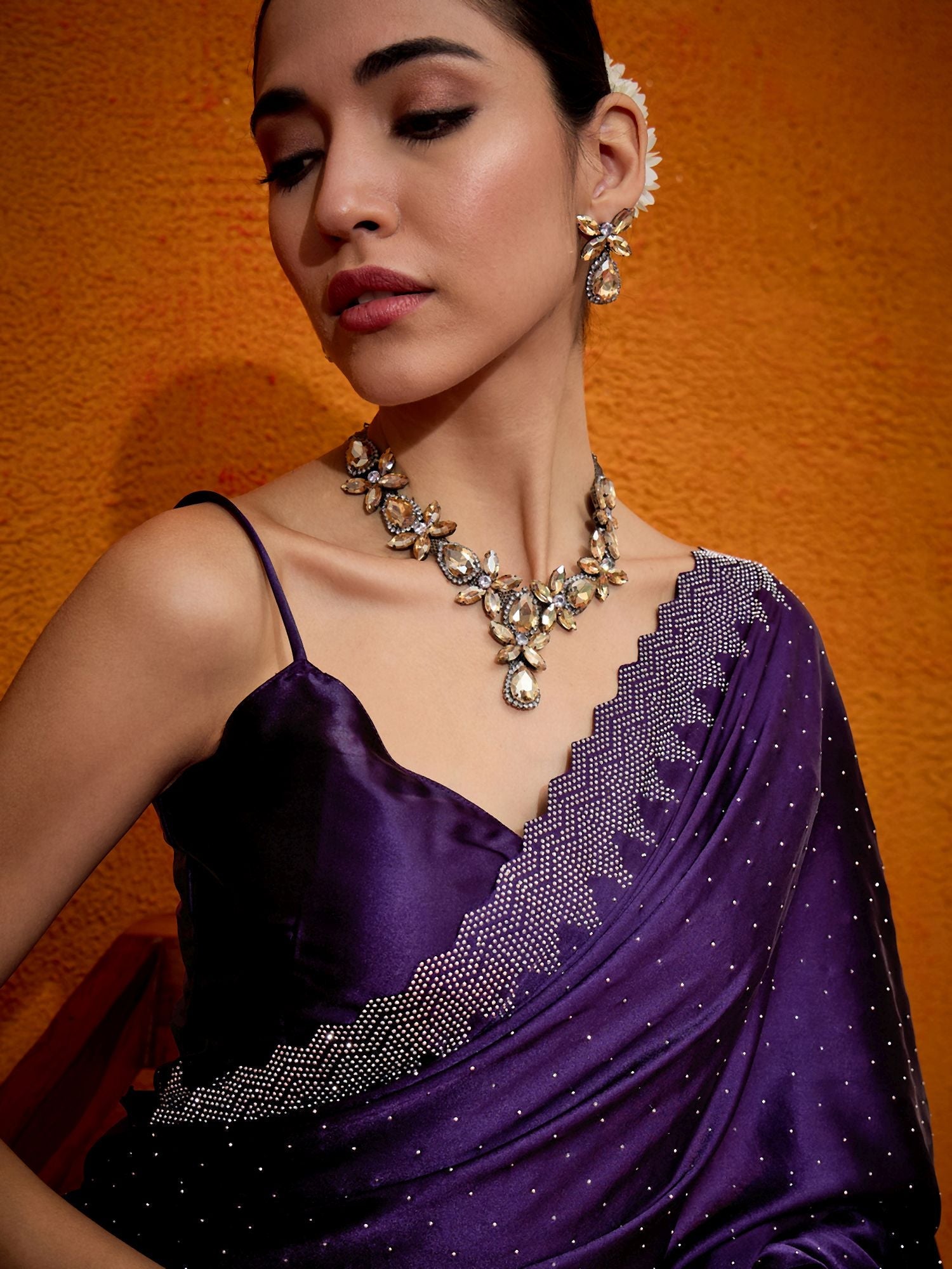 Purple Satin Silk Stone Work Saree - Ressa