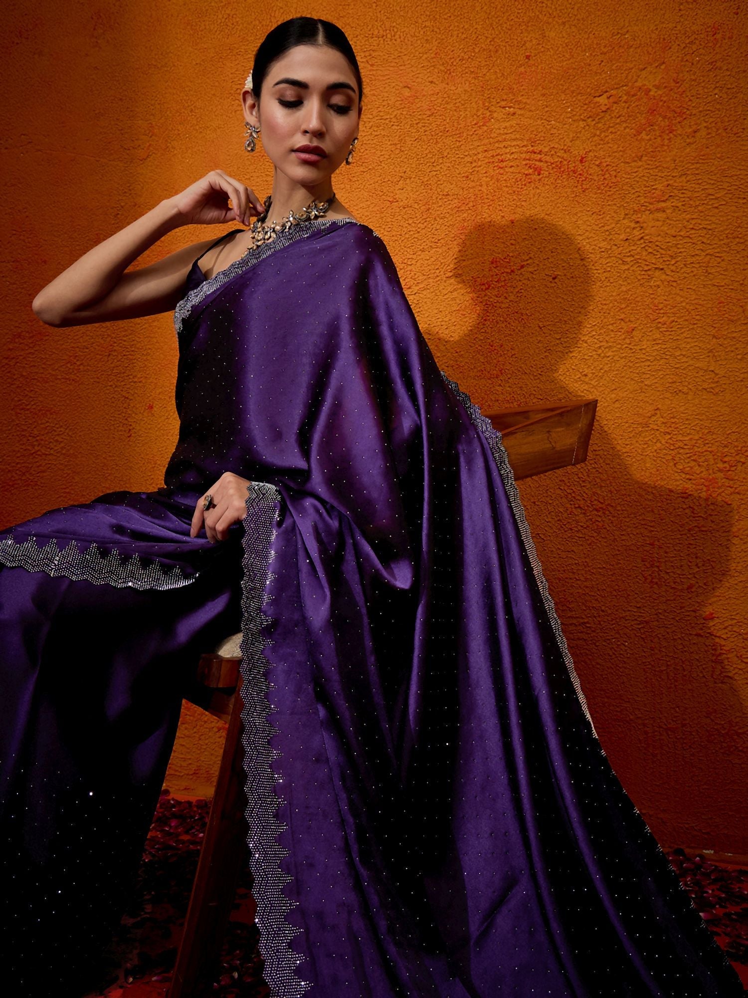 Purple Satin Silk Stone Work Saree - Ressa