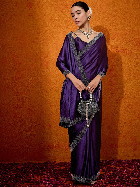 Purple Satin Silk Stone Work Saree - Ressa