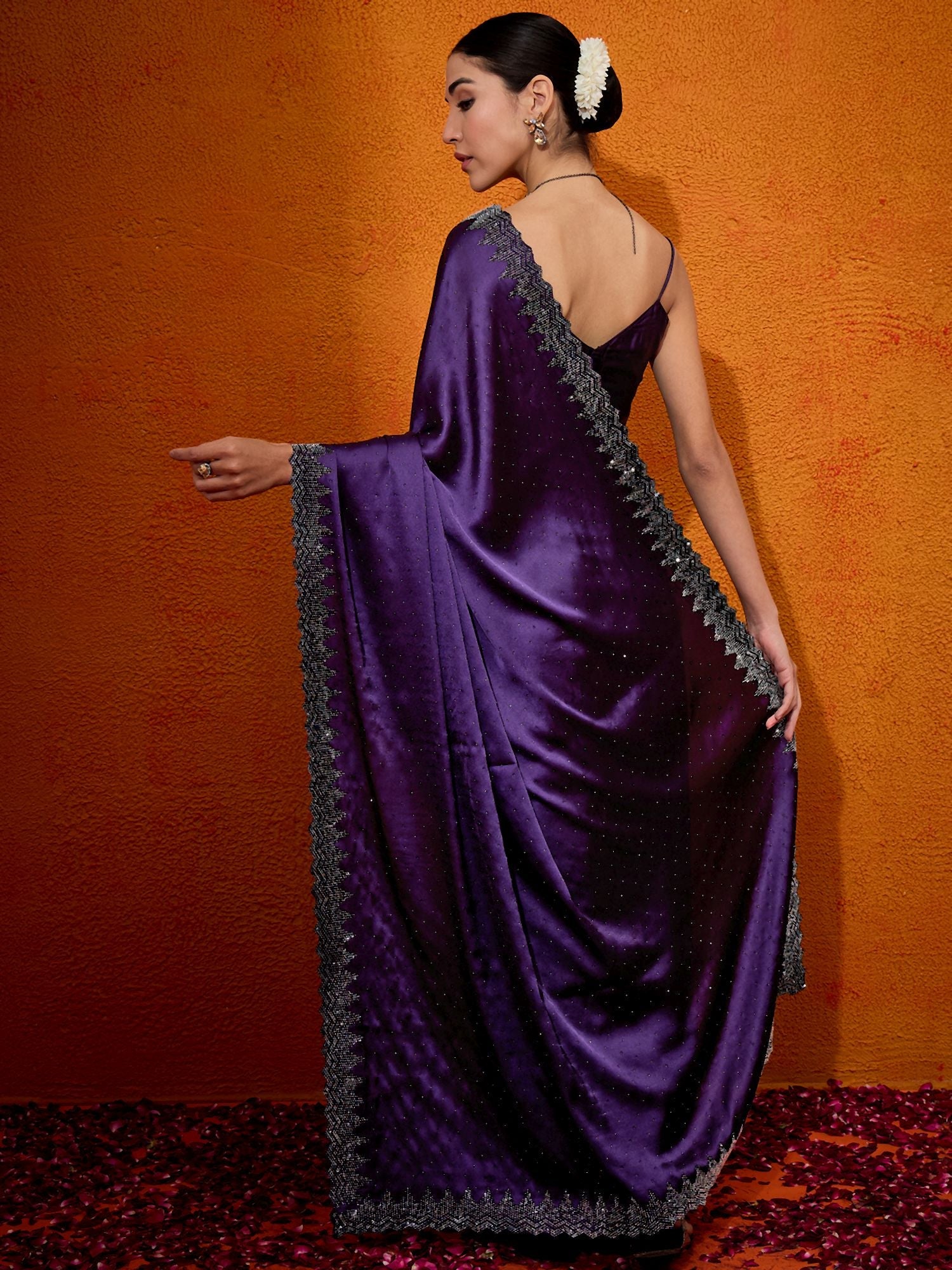 Purple Satin Silk Stone Work Saree - Ressa