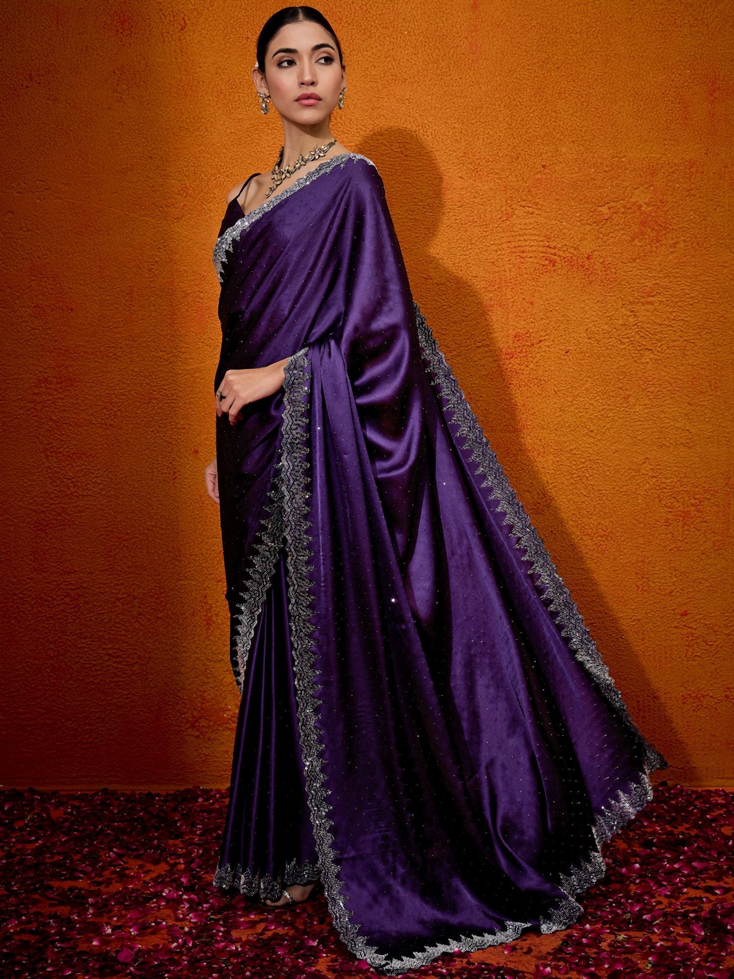 Purple Satin Silk Stone Work Saree - Ressa