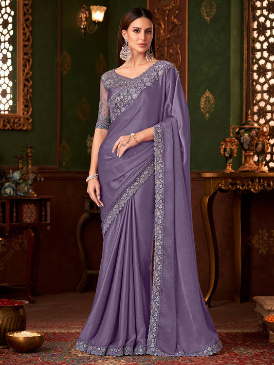 Purple Sequinned Party Wear Saree - Ressa