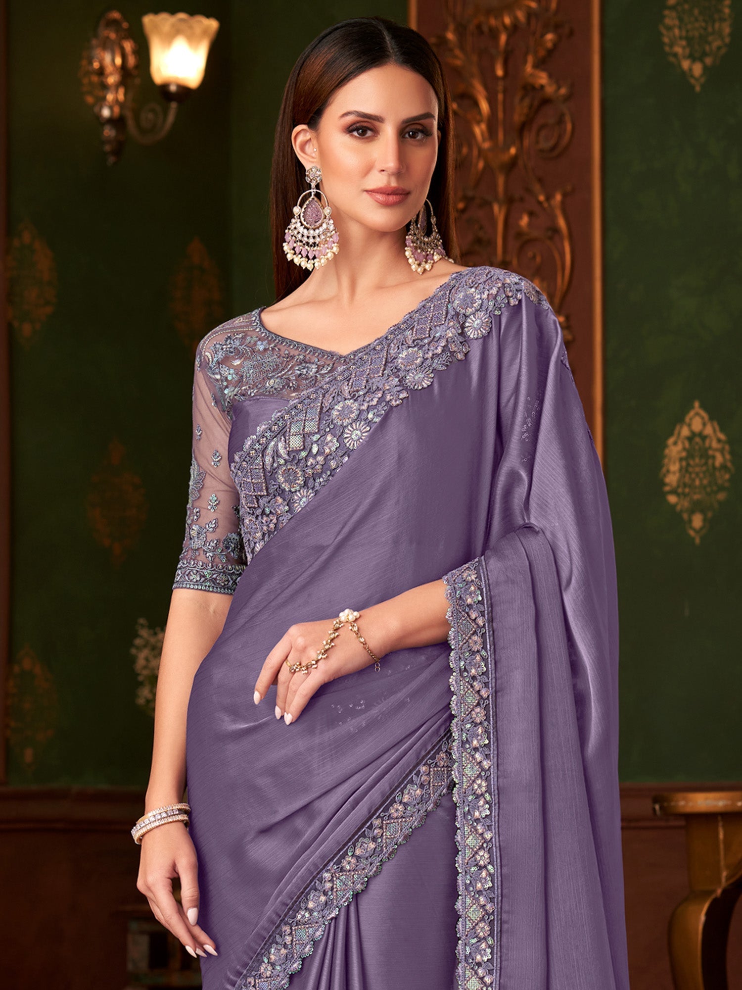 Purple Sequinned Party Wear Saree - Ressa