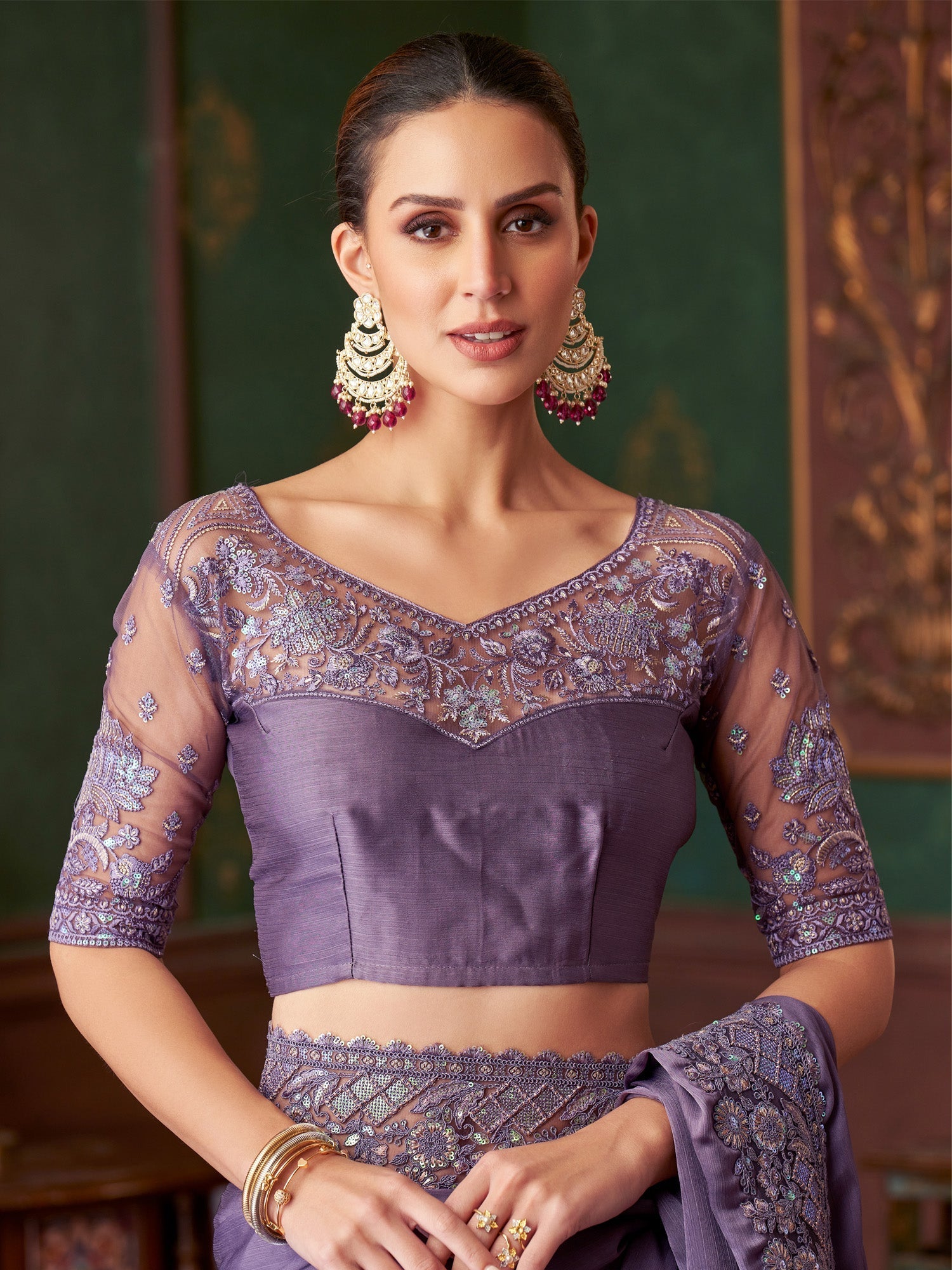 Purple Sequinned Party Wear Saree - Ressa