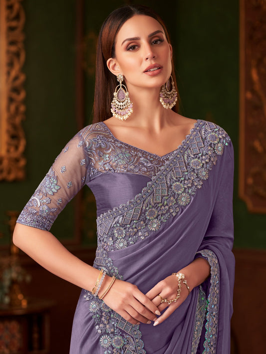 Purple Sequinned Party Wear Saree - Ressa