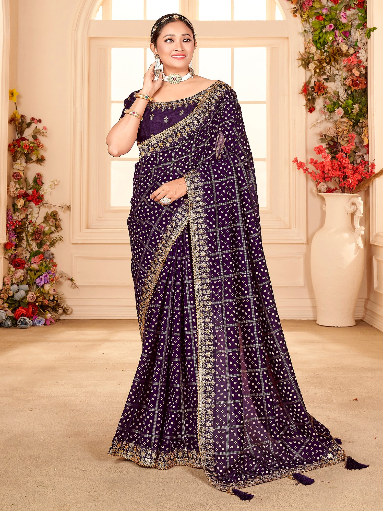 Purple Silk Blend Bandhani Print saree - Ressa