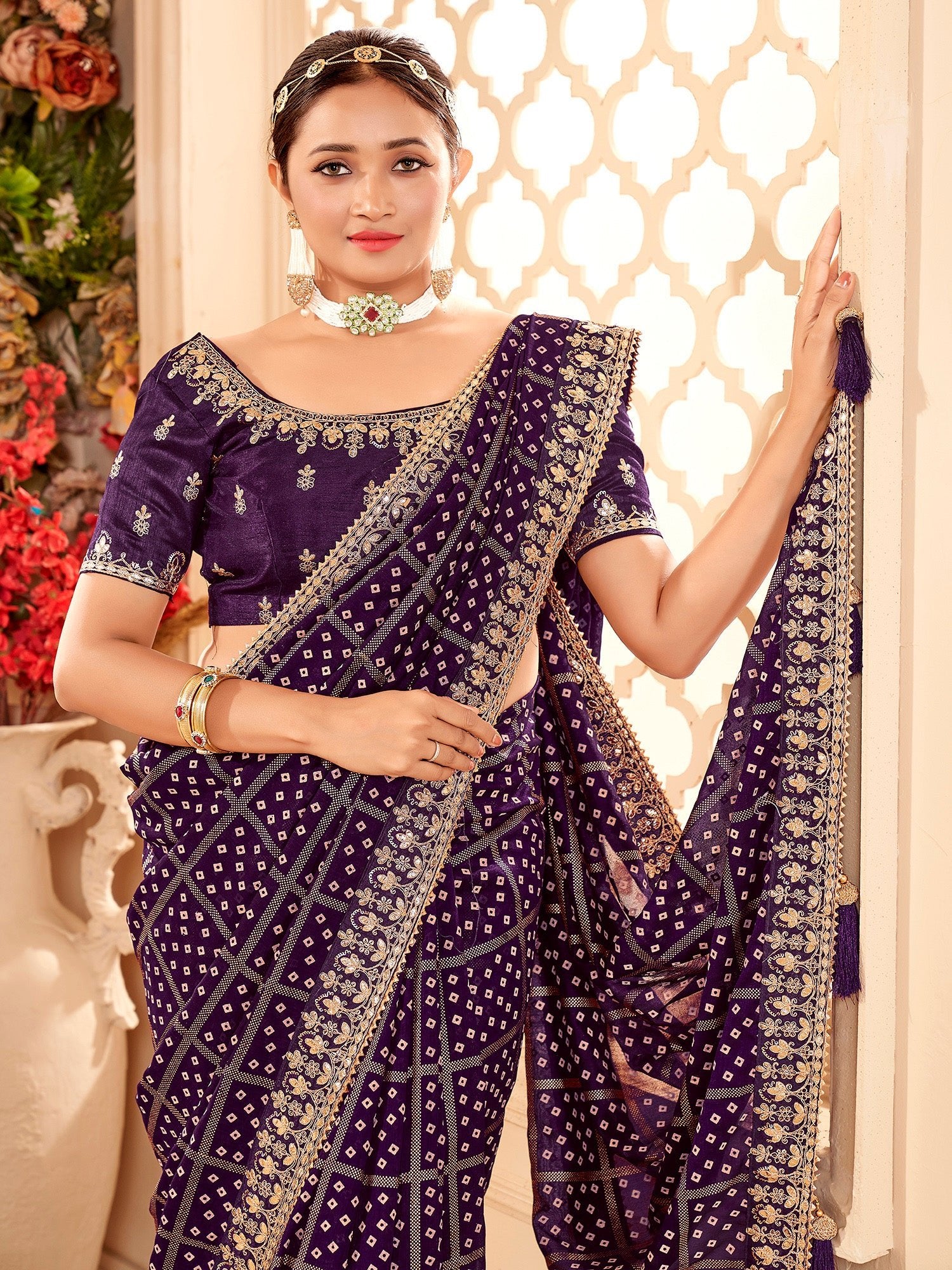 Purple Silk Blend Bandhani Print saree - Ressa