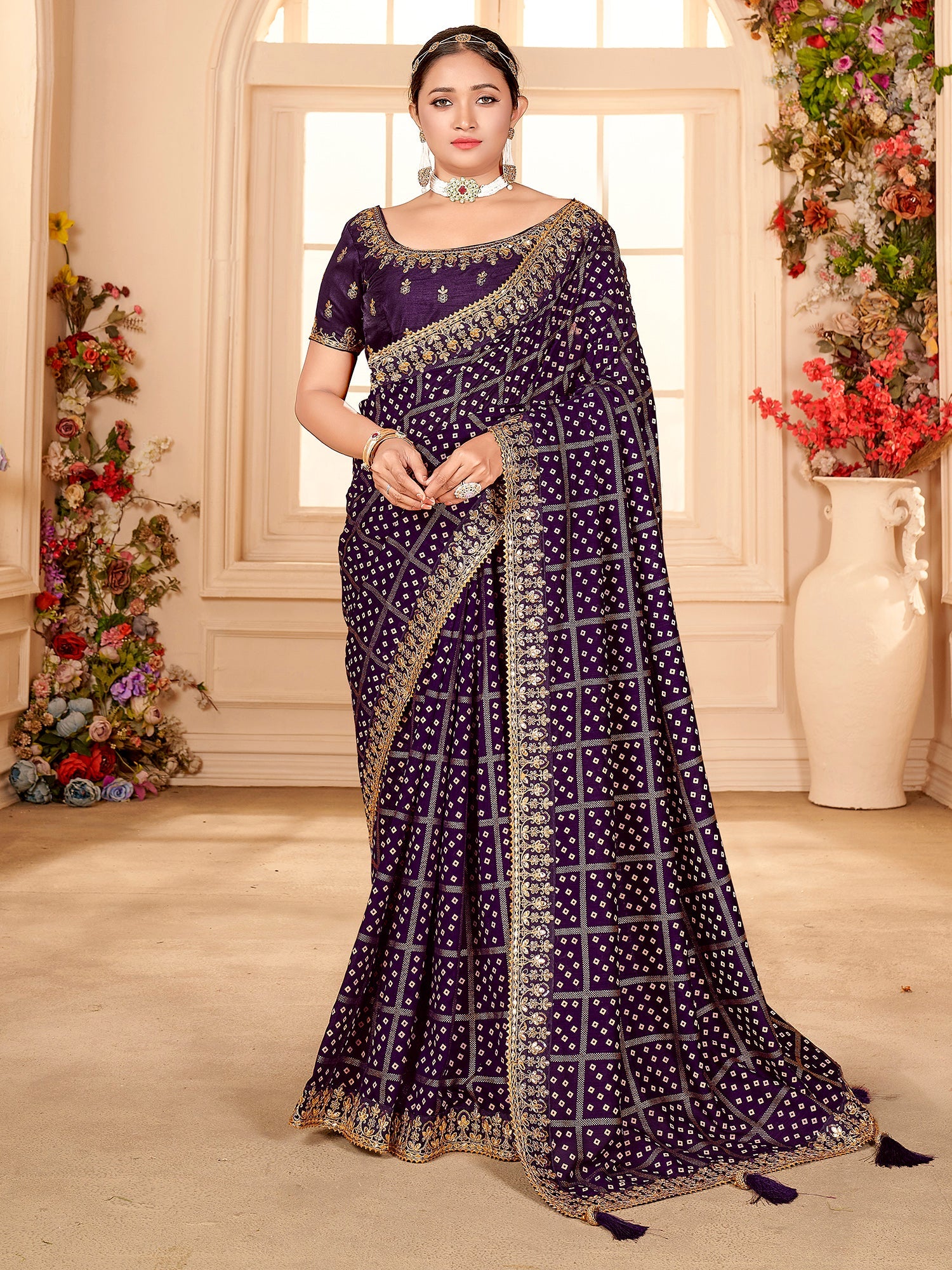 Purple Silk Blend Bandhani Print saree - Ressa