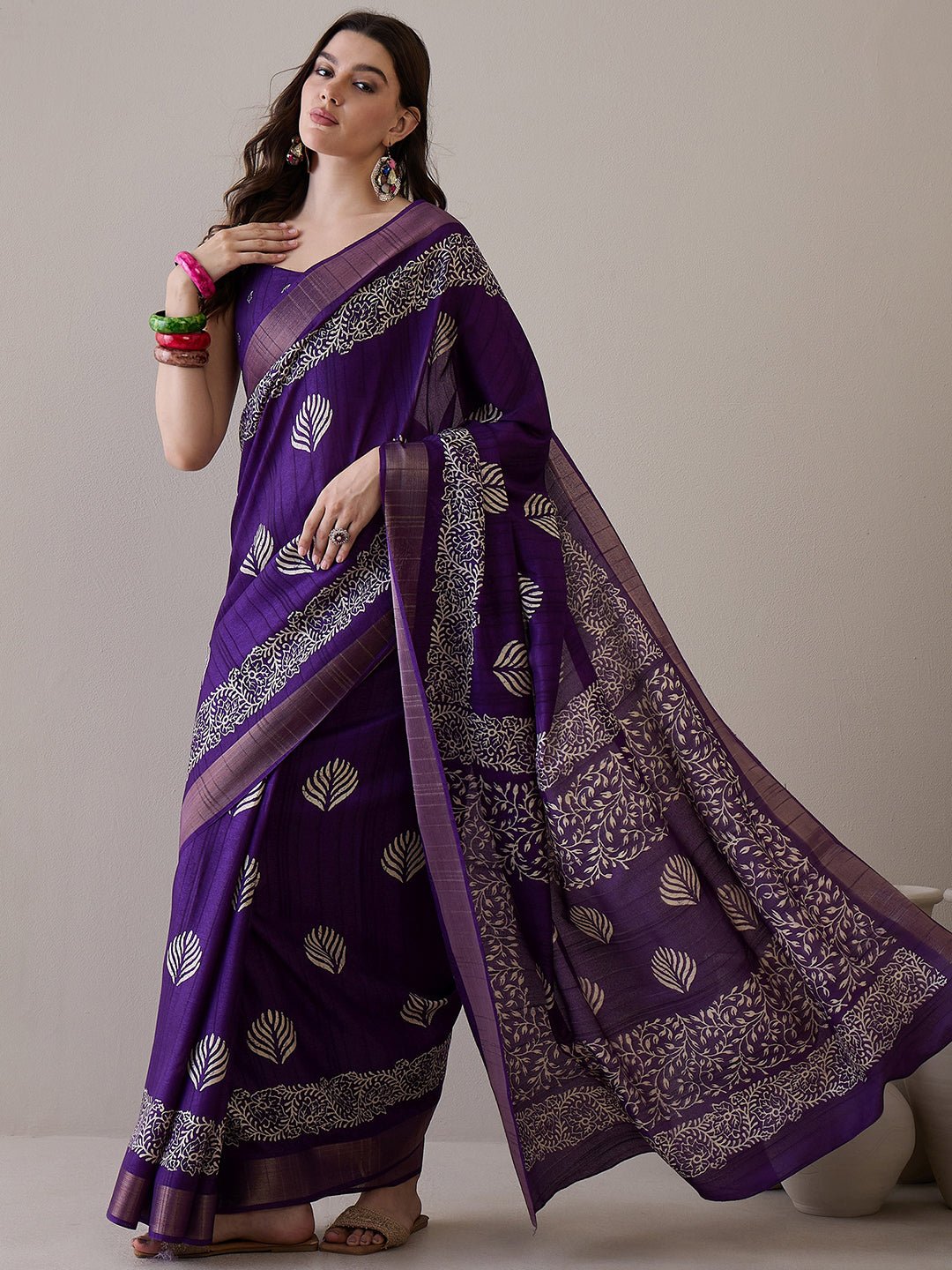 Purple Silk Blend Batik Printed Saree - Ressa