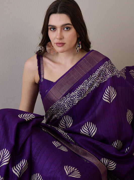 Purple Silk Blend Batik Printed Saree - Ressa