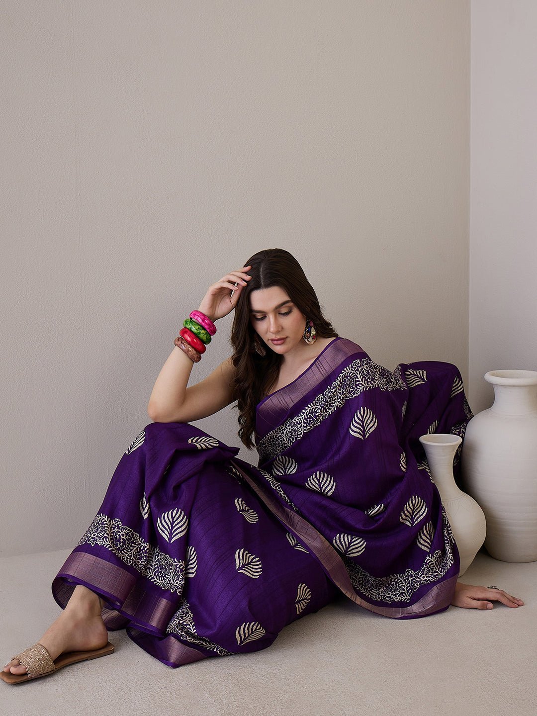 Purple Silk Blend Batik Printed Saree - Ressa