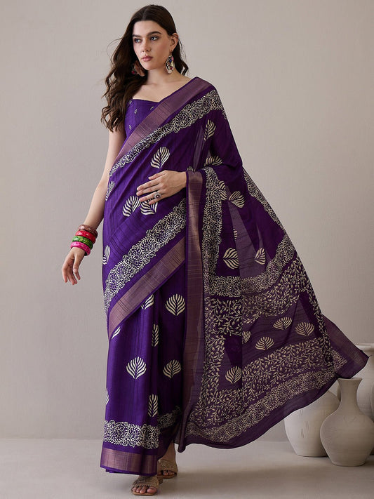 Purple Silk Blend Batik Printed Saree - Ressa
