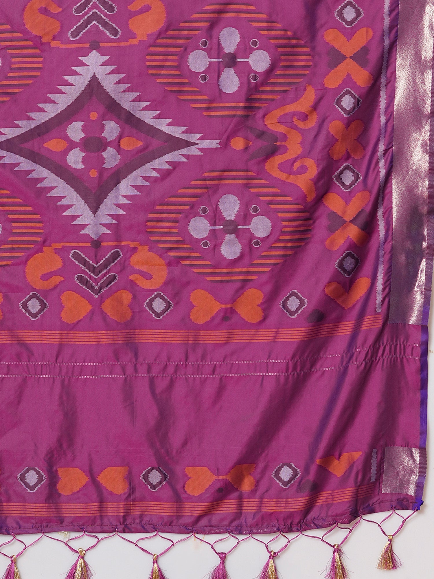 Purple Silk Blend Ikat Geometric Weaving Silver Zari Border Tassels Saree - Ressa